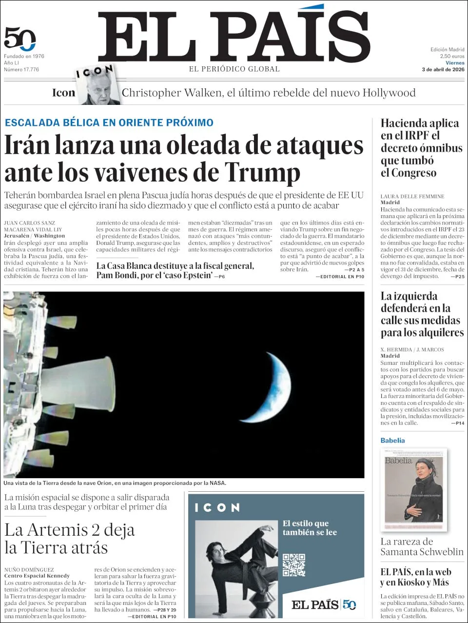 Portada de El Pais del viernes, 3 de abril de 2026