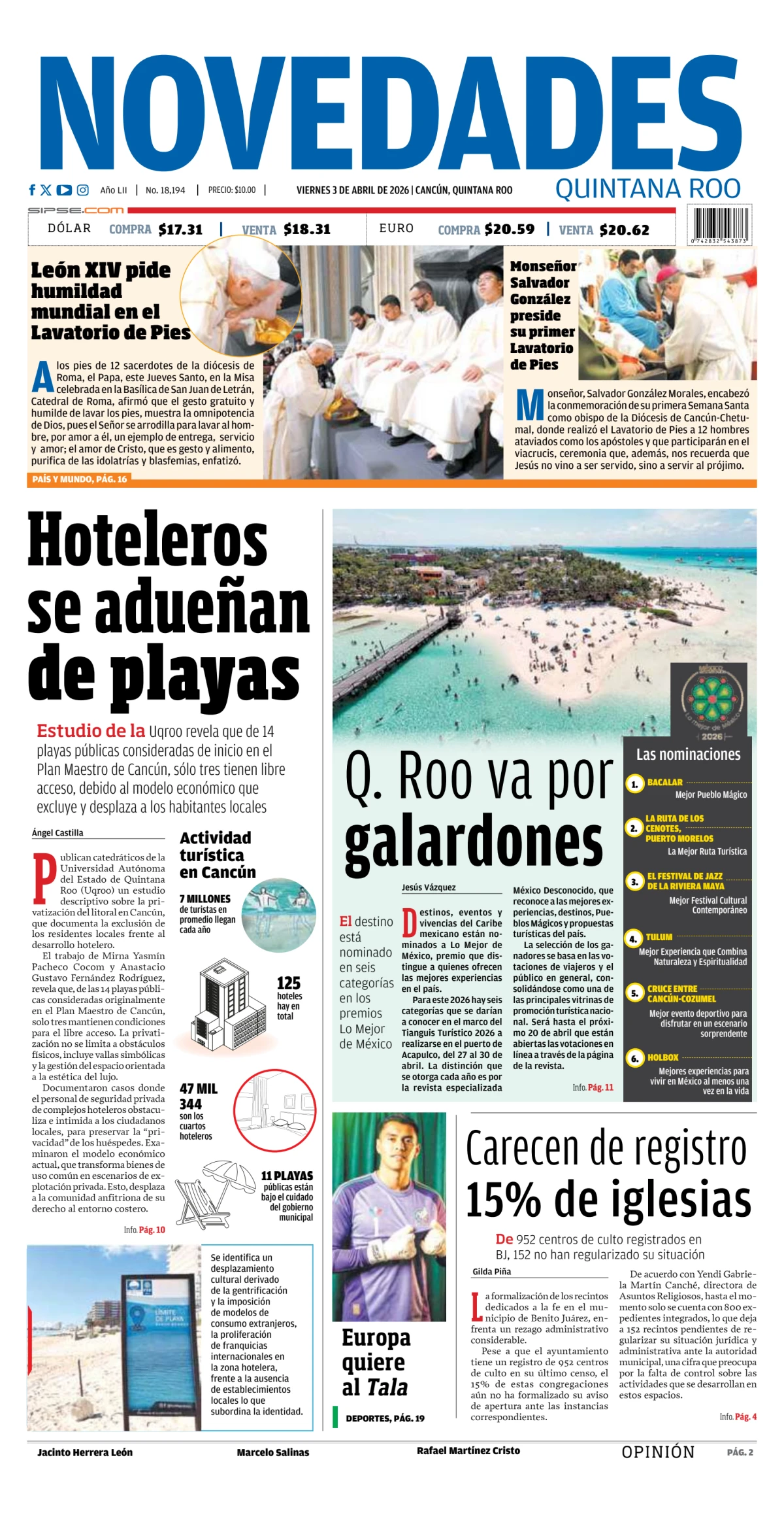 Portada de Novedades Quintana Roo del viernes, 3 de abril de 2026