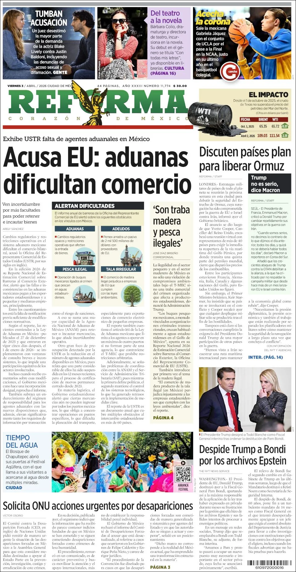 Portada de Reforma del viernes, 3 de abril de 2026
