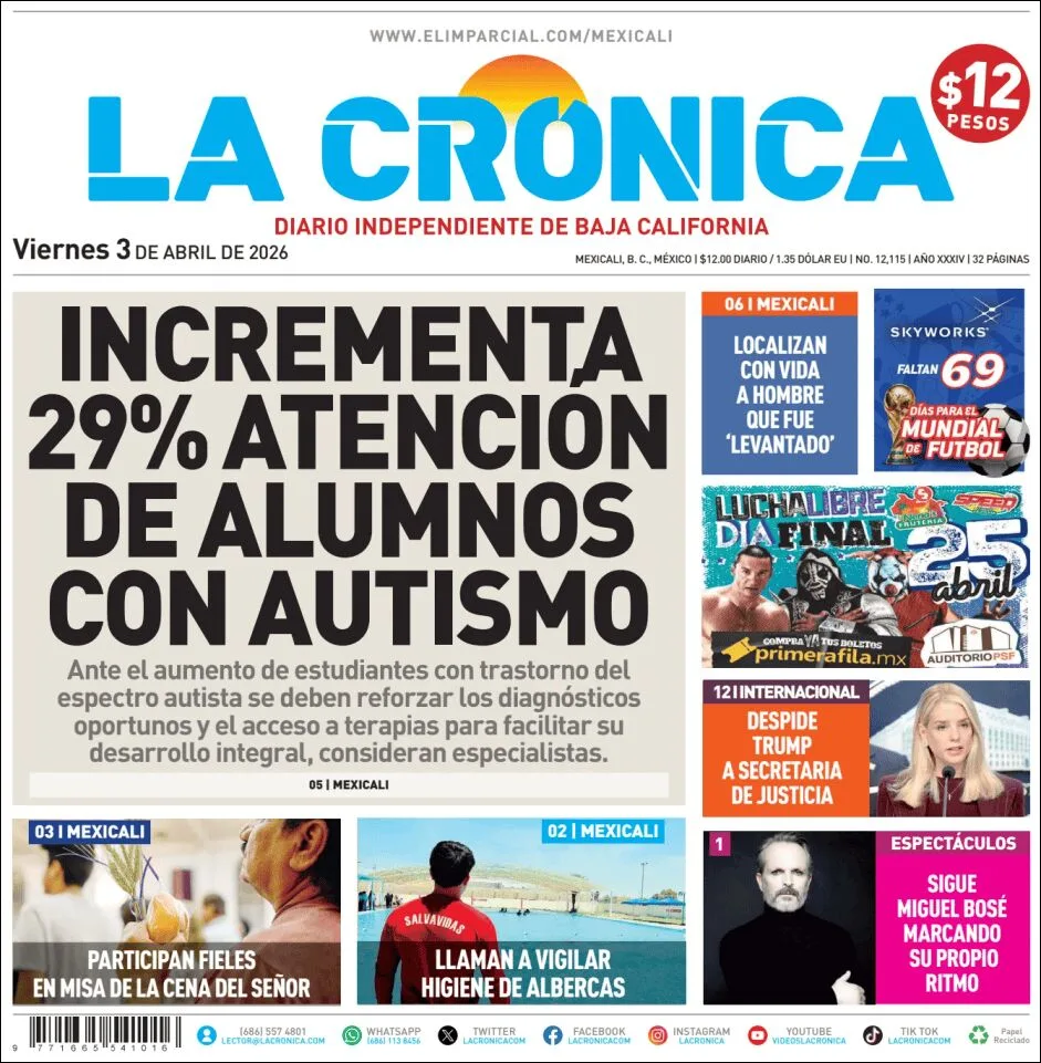 Portada de La Cronica del viernes, 3 de abril de 2026