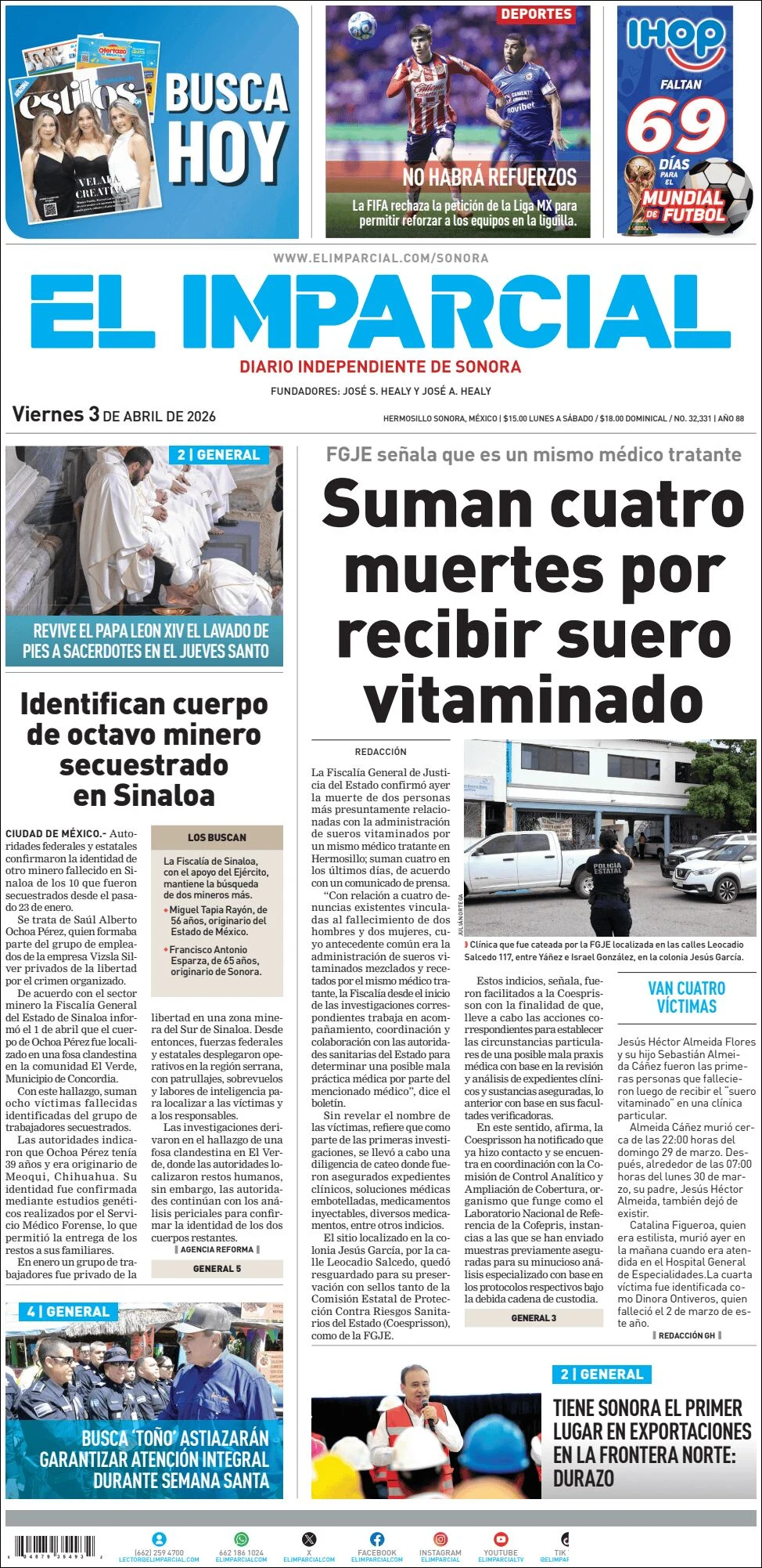 Portada de El Imparcial del viernes, 3 de abril de 2026