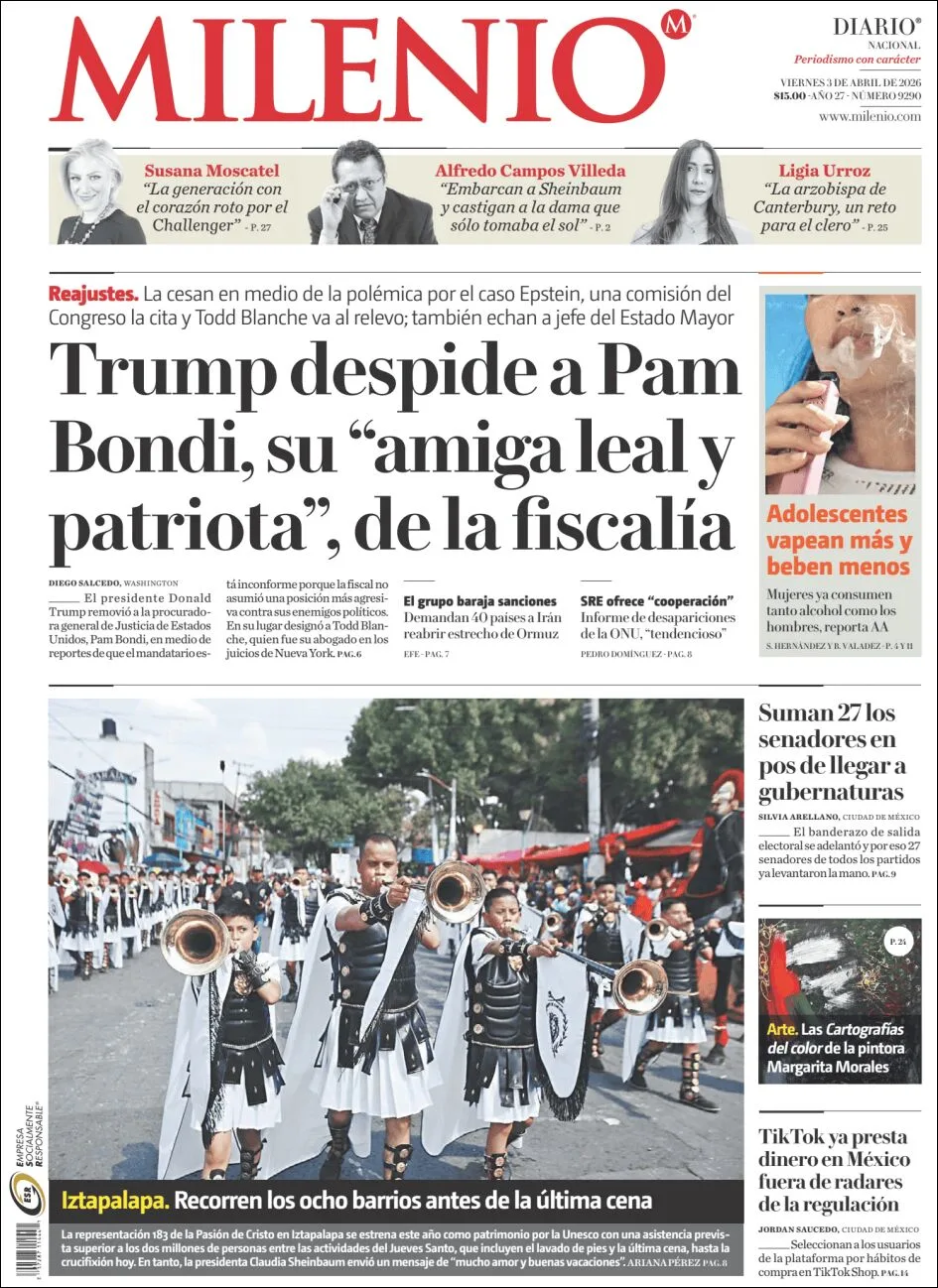 Portada de Milenio del viernes, 3 de abril de 2026