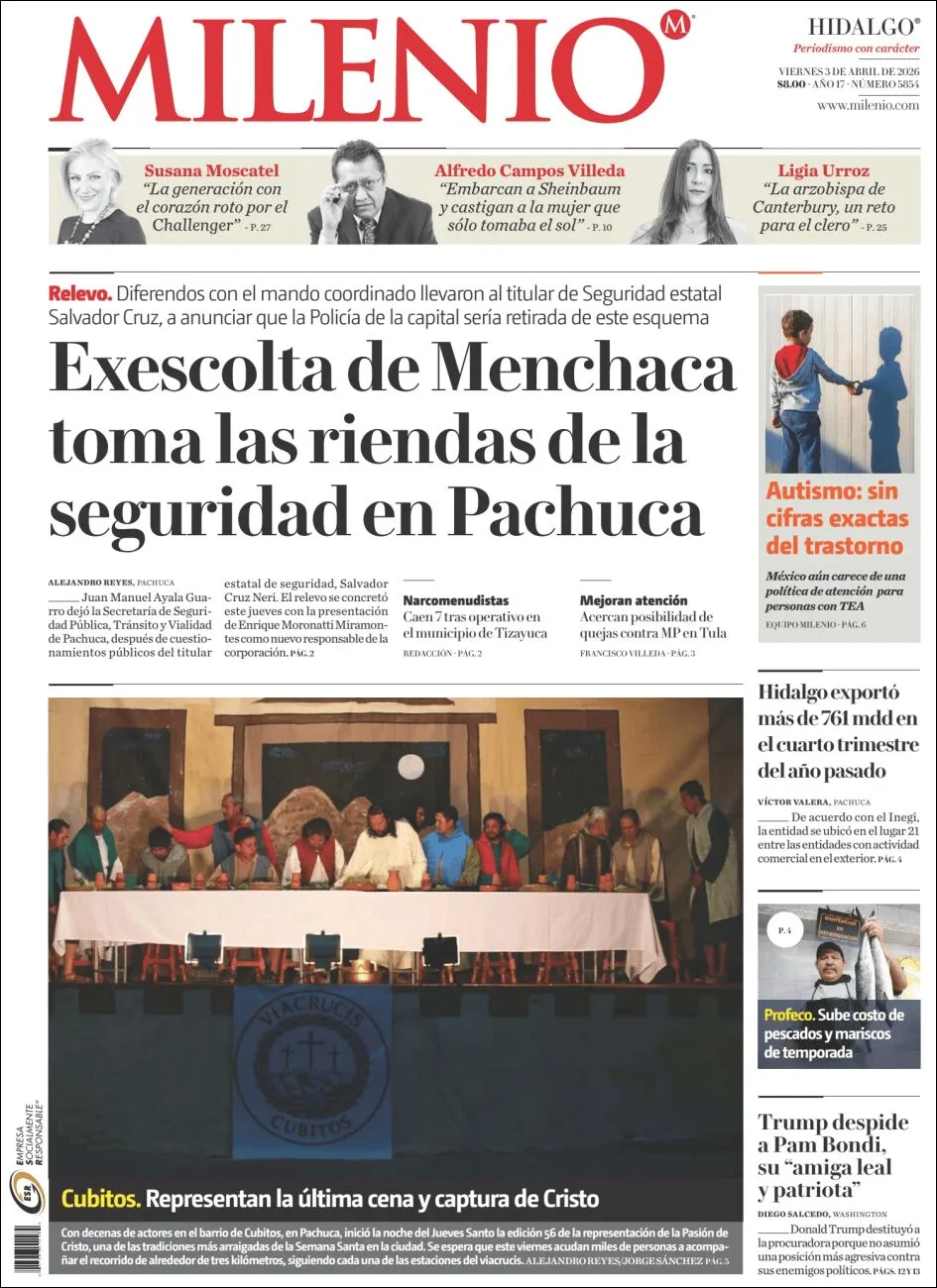 Portada de Milenio Hidalgo del viernes, 3 de abril de 2026
