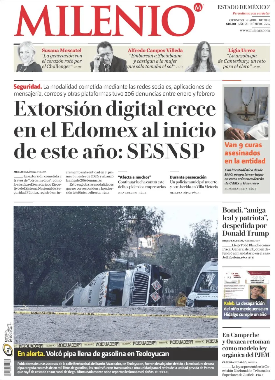 Portada de Milenio Edo de Mexico del viernes, 3 de abril de 2026