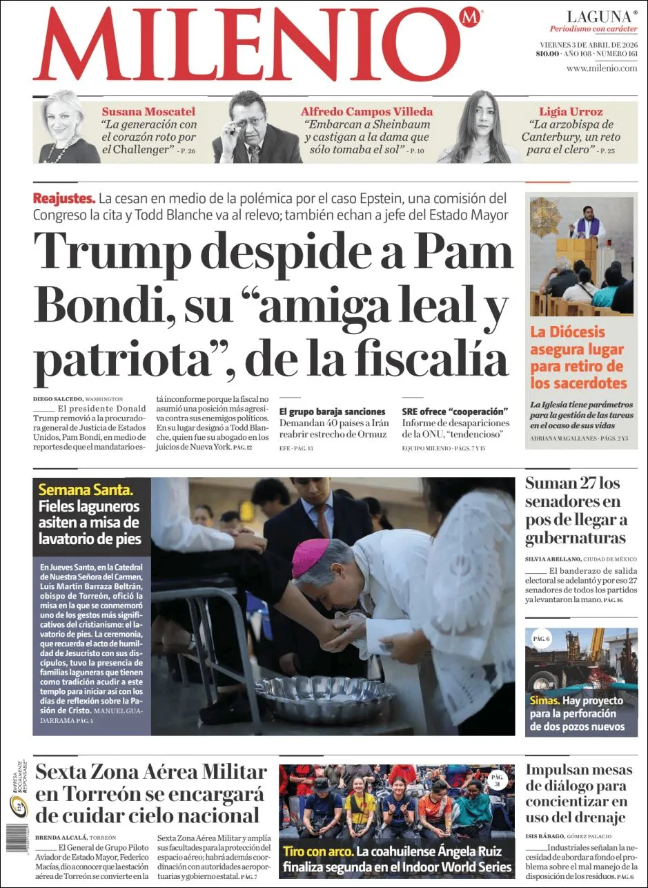 Portada de Milenio Laguna del viernes, 3 de abril de 2026