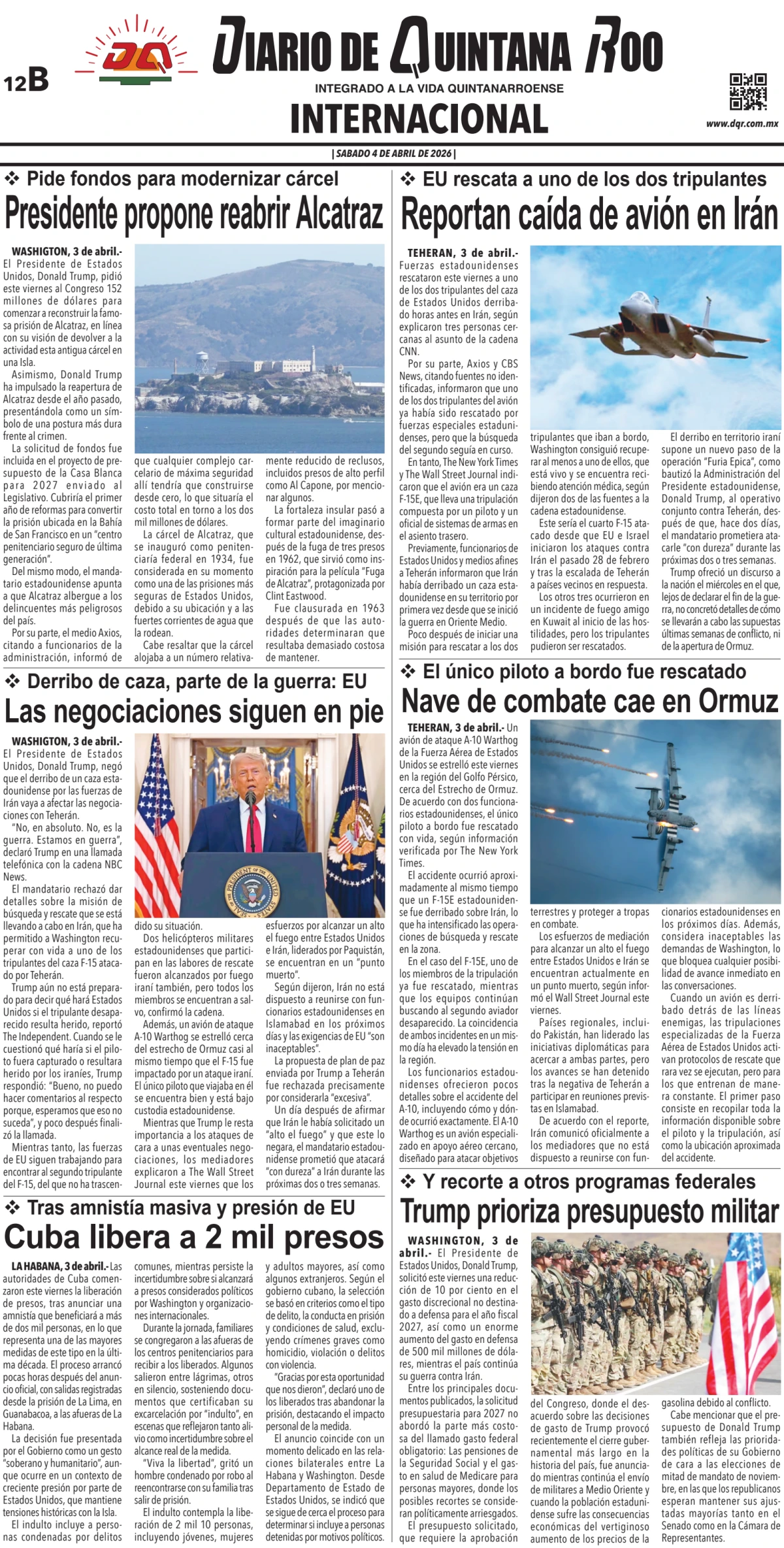 Portada de Diario de Quintana Roo (contra Portada) del sábado, 4 de abril de 2026