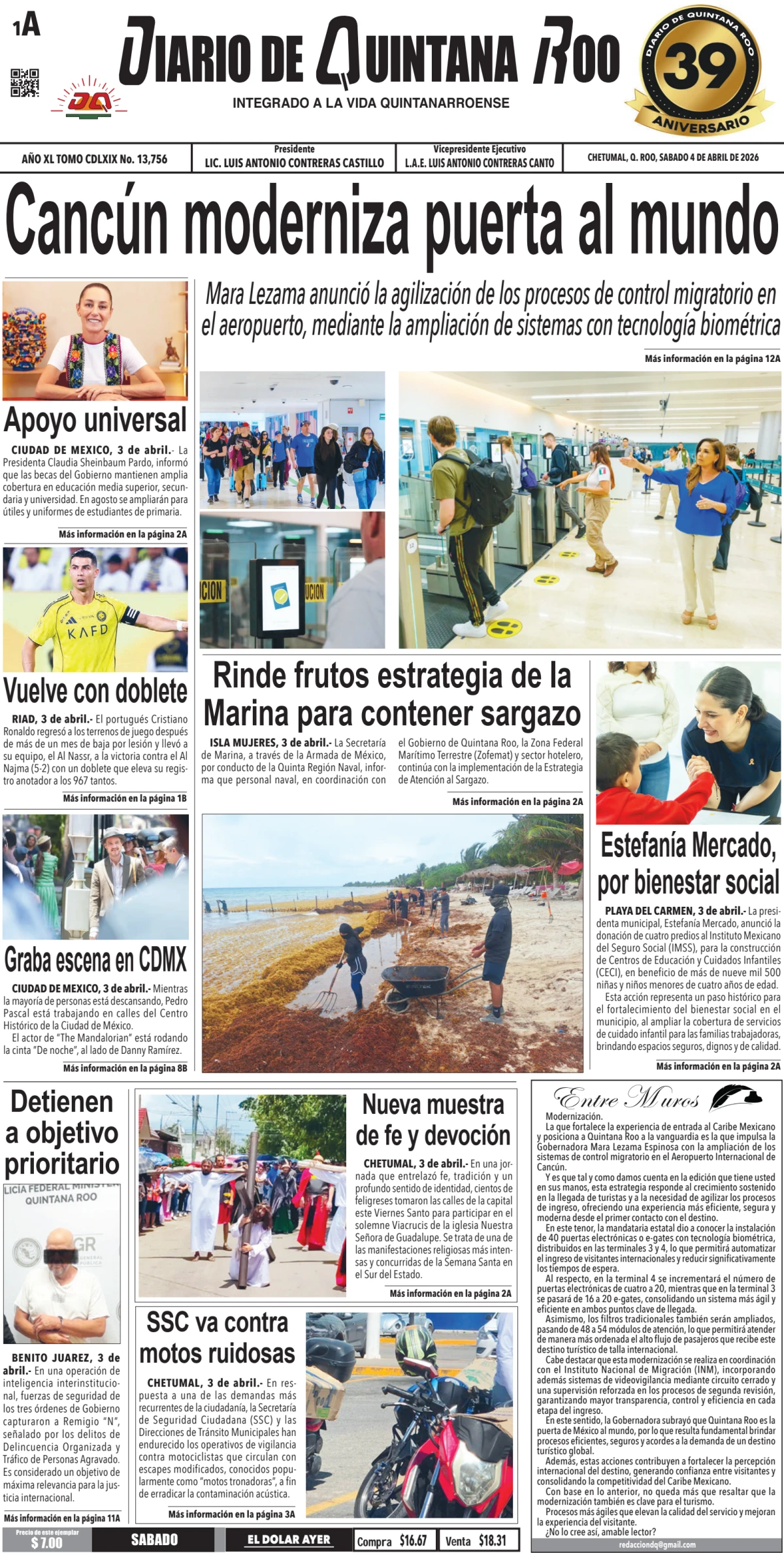 Portada de Diario de Quintana Roo (portada) del sábado, 4 de abril de 2026
