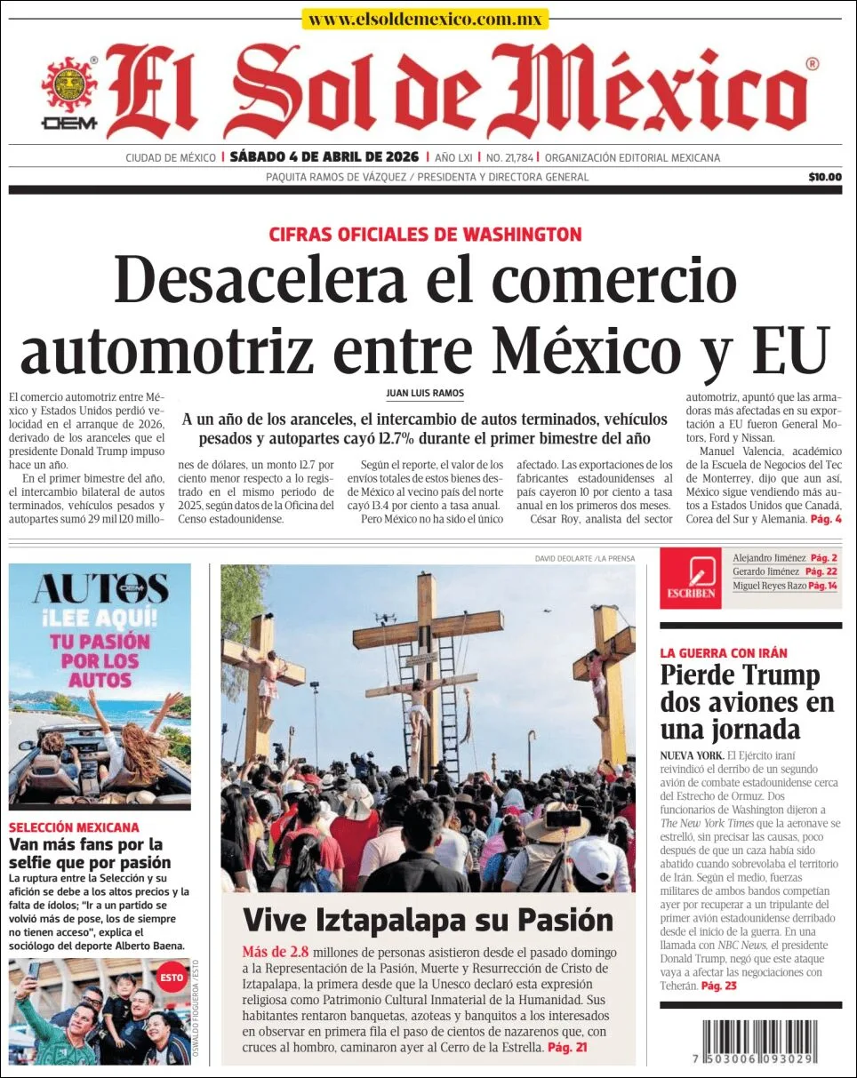 Portada de El Sol de Mexico del sábado, 4 de abril de 2026
