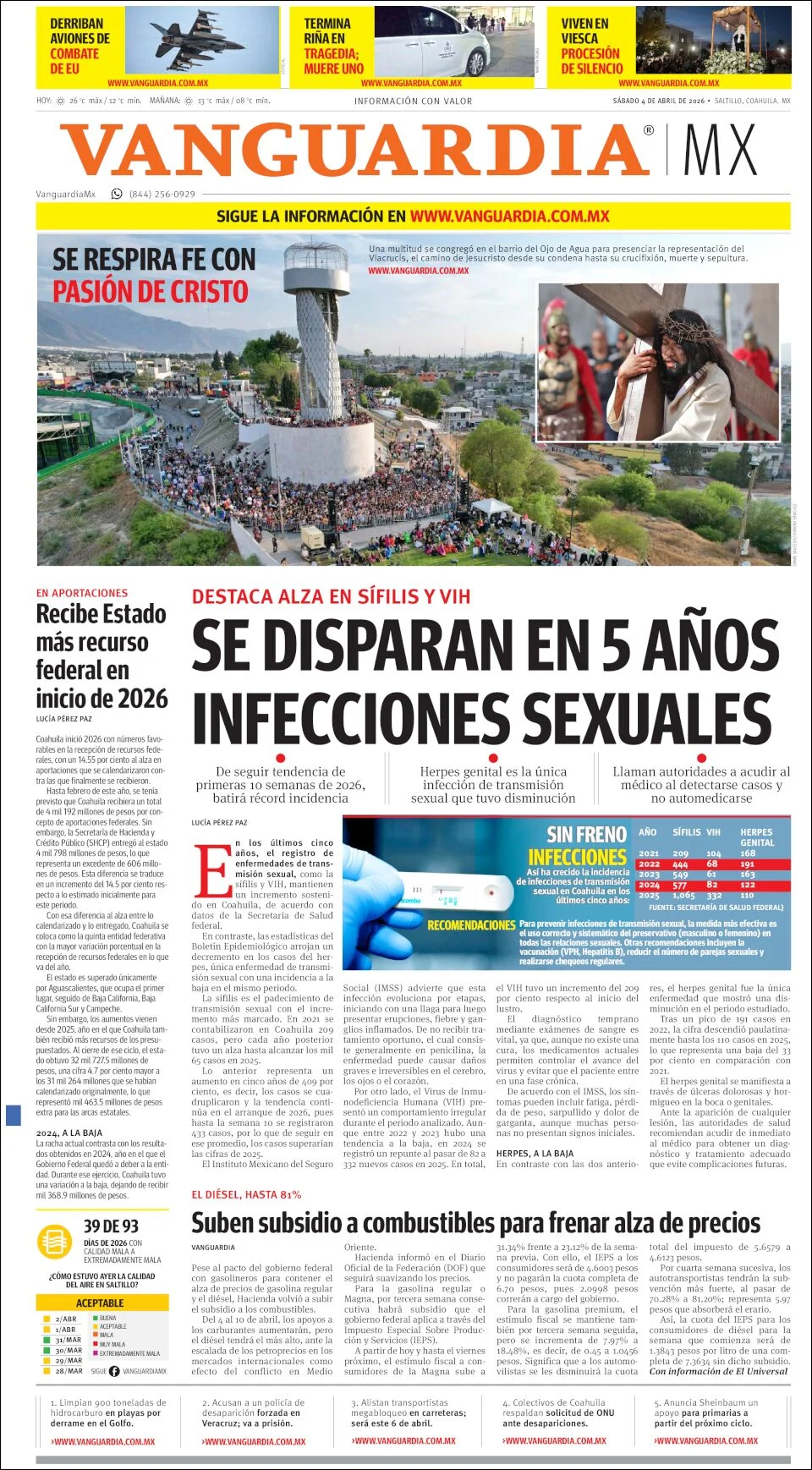 Portada de Vanguardia del sábado, 4 de abril de 2026