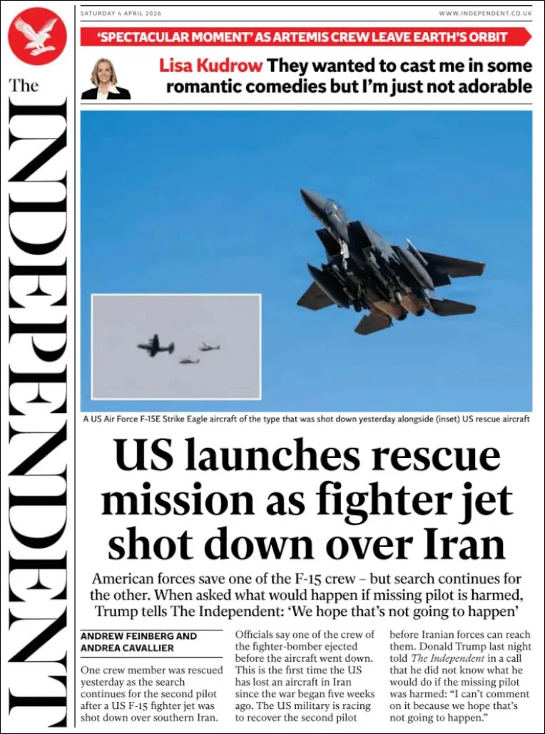 Portada de The Independent del sábado, 4 de abril de 2026