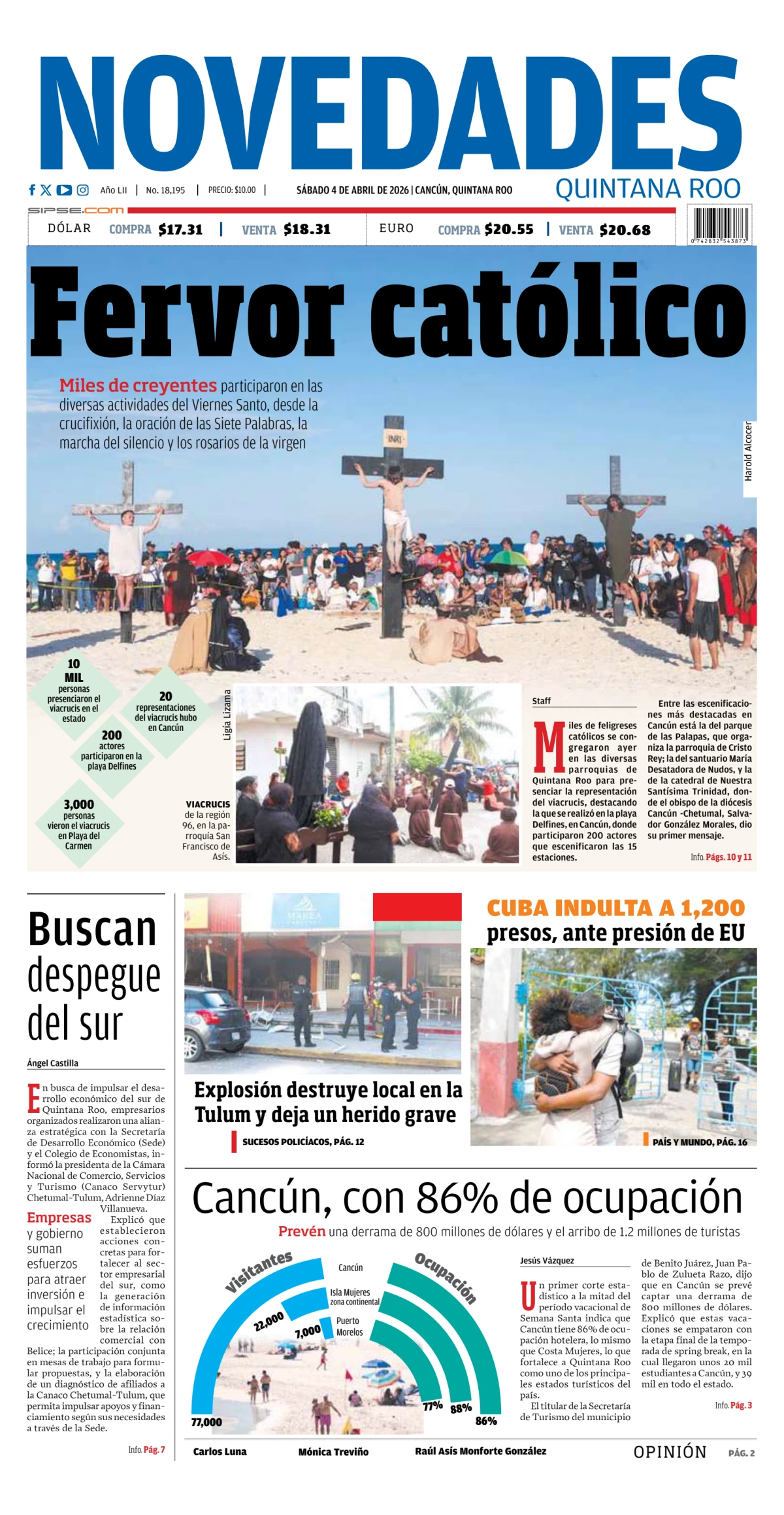 Portada de Novedades Quintana Roo del sábado, 4 de abril de 2026