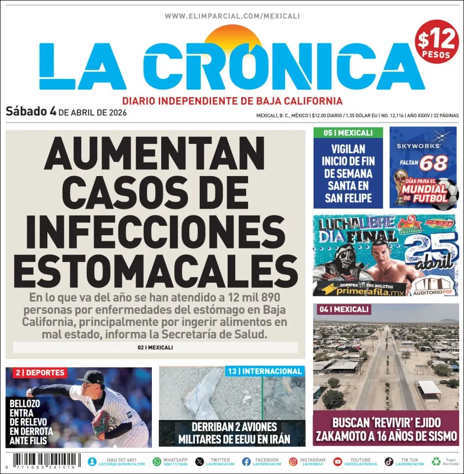Portada de La Cronica del sábado, 4 de abril de 2026