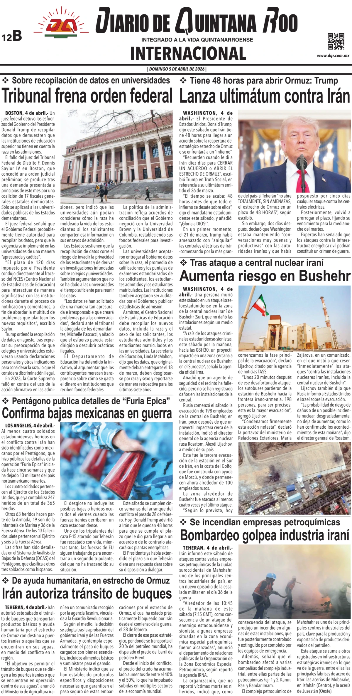 Portada de Diario de Quintana Roo (contra Portada) del domingo, 5 de abril de 2026