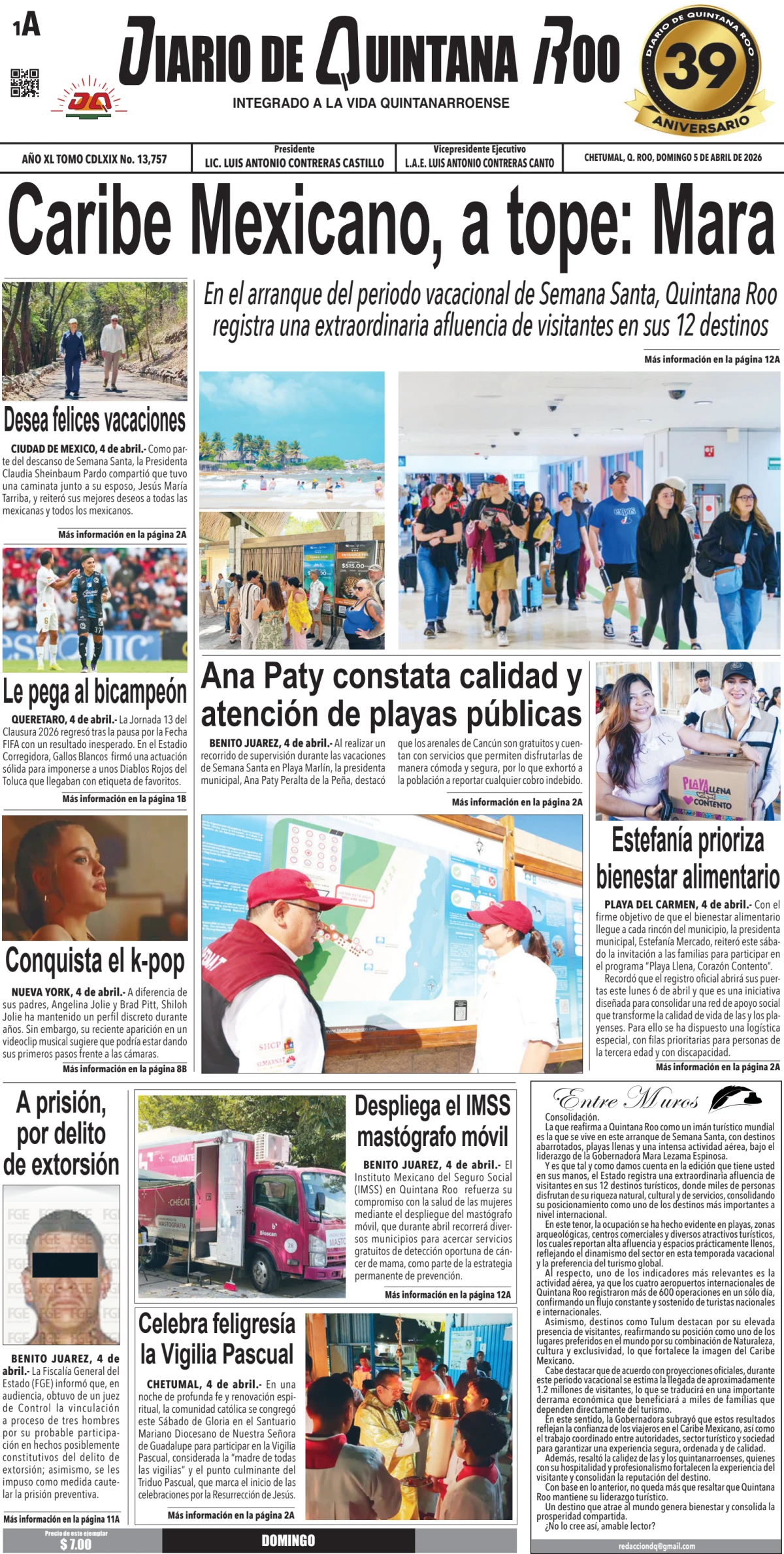 Portada de Diario de Quintana Roo (portada) del domingo, 5 de abril de 2026