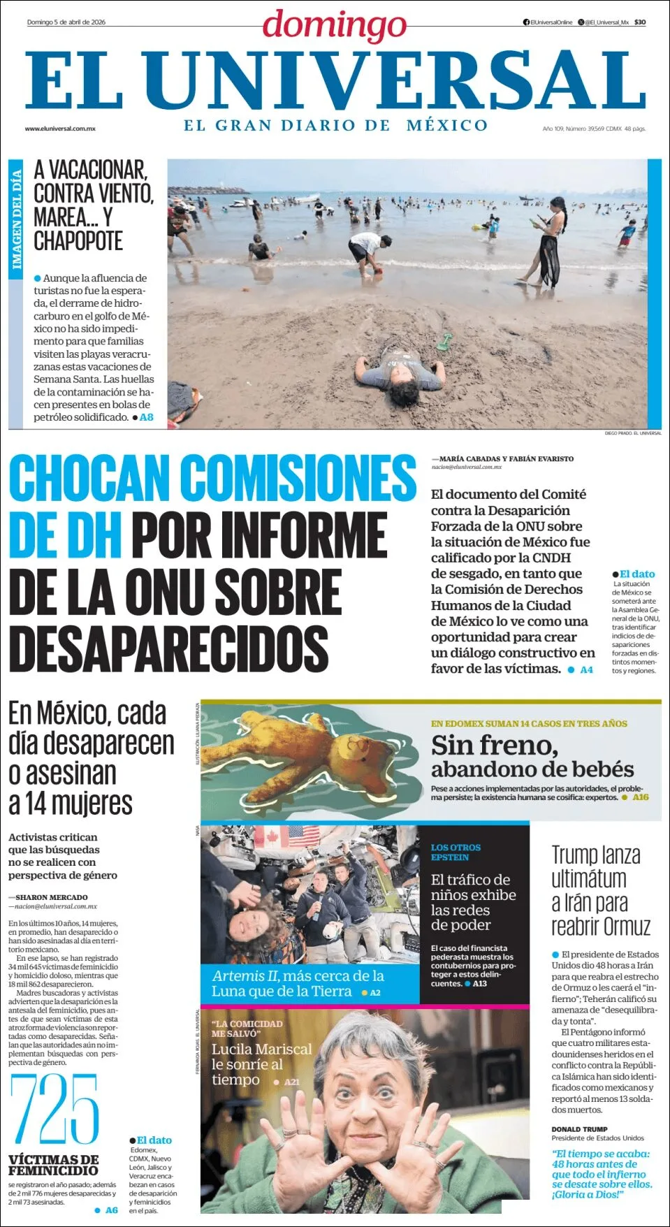 Portada de El Universal del domingo, 5 de abril de 2026