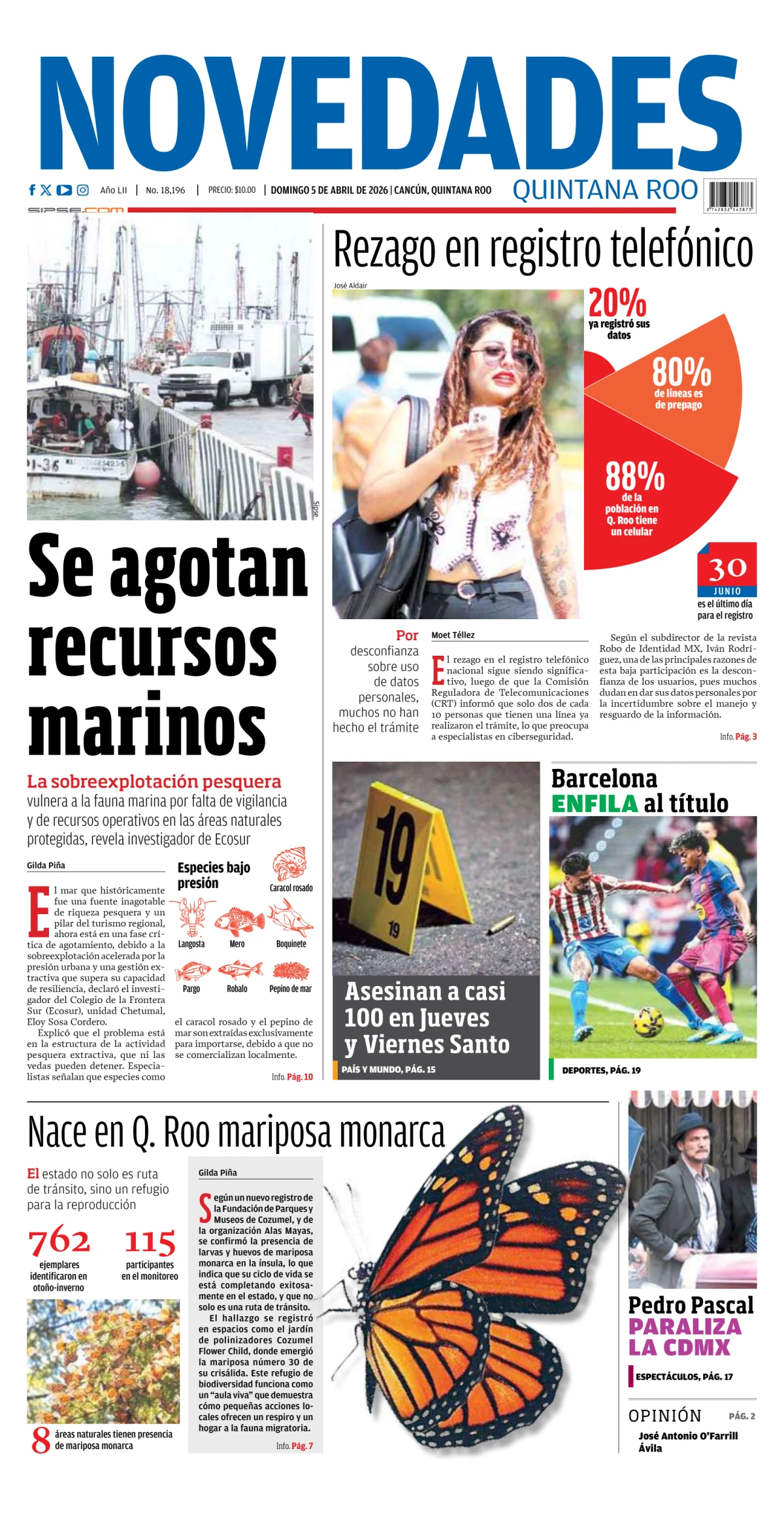 Portada de Novedades Quintana Roo del domingo, 5 de abril de 2026