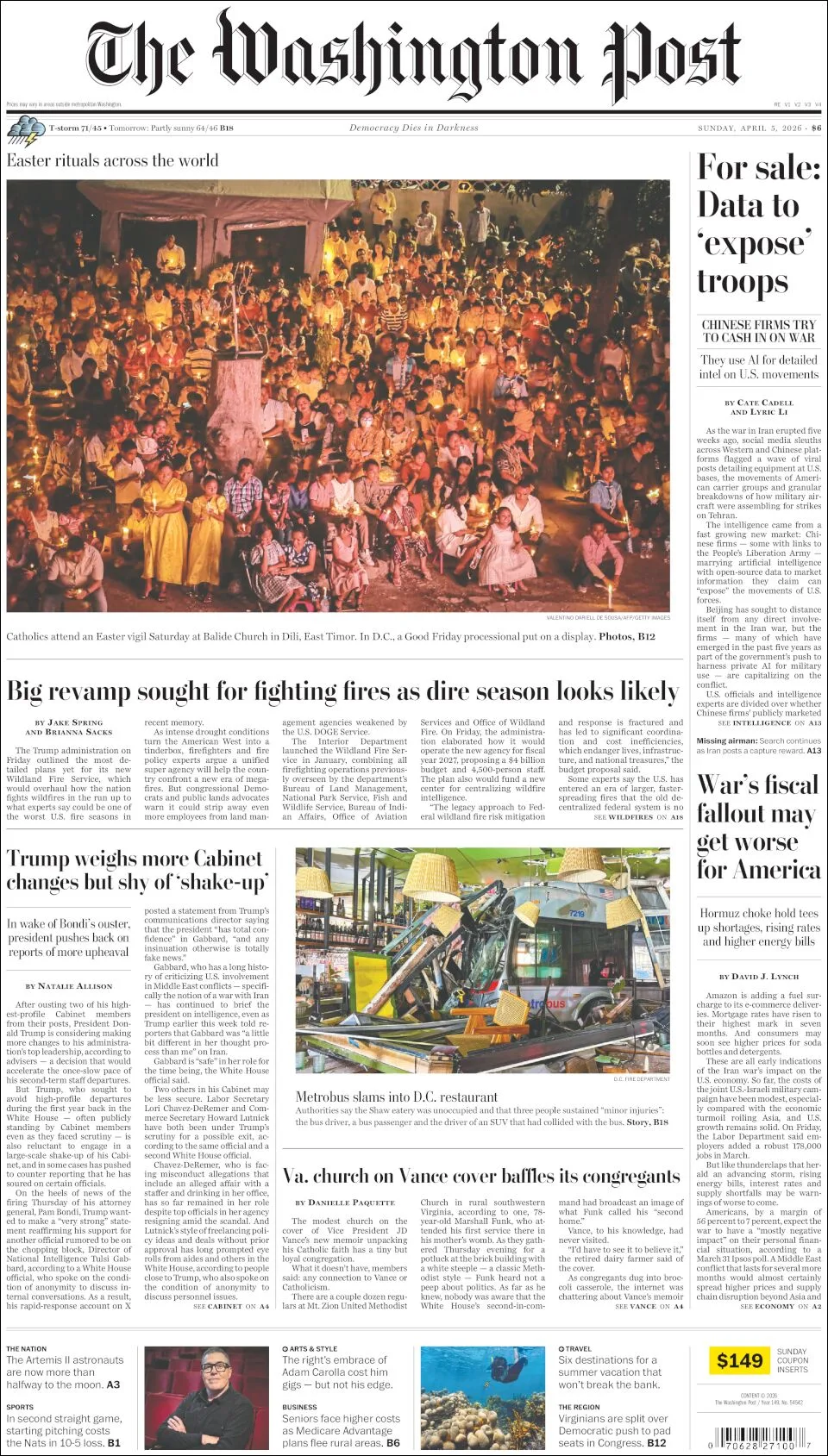 Portada de The Washington Post del domingo, 5 de abril de 2026