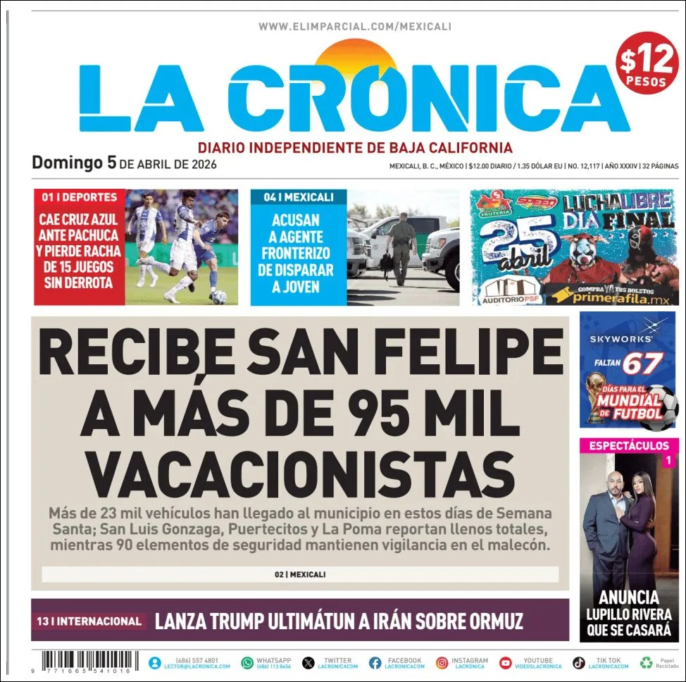 Portada de La Cronica del domingo, 5 de abril de 2026