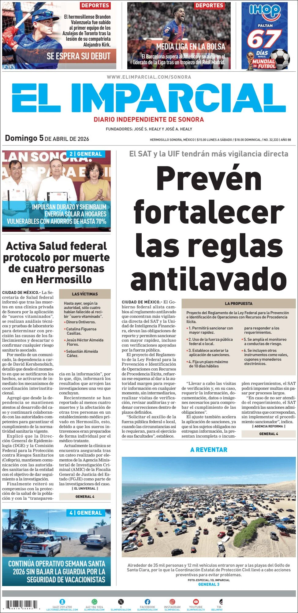 Portada de El Imparcial del domingo, 5 de abril de 2026
