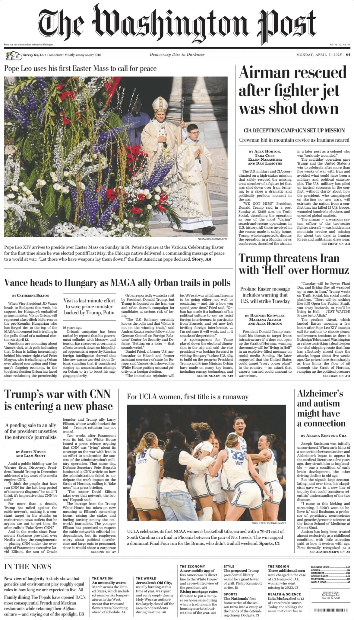 Portada de The Washington Post del lunes, 6 de abril de 2026