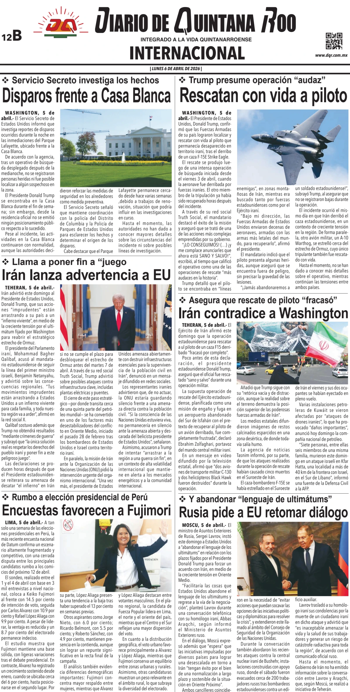 Portada de Diario de Quintana Roo (contra Portada) del lunes, 6 de abril de 2026