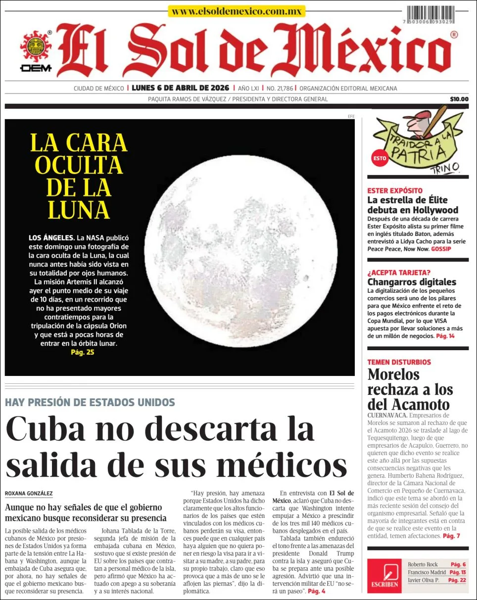 Portada de El Sol de Mexico del lunes, 6 de abril de 2026