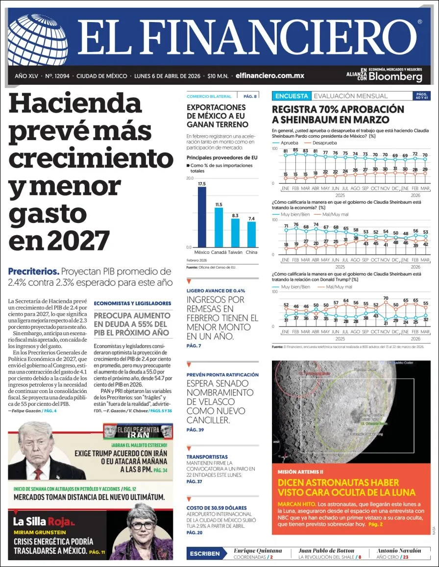 Portada de El Financiero del lunes, 6 de abril de 2026