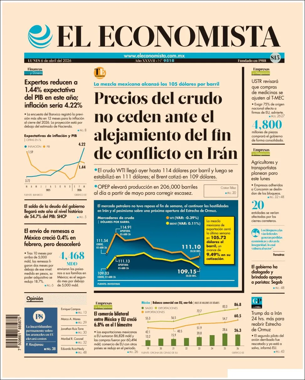 Portada de El Economista del lunes, 6 de abril de 2026