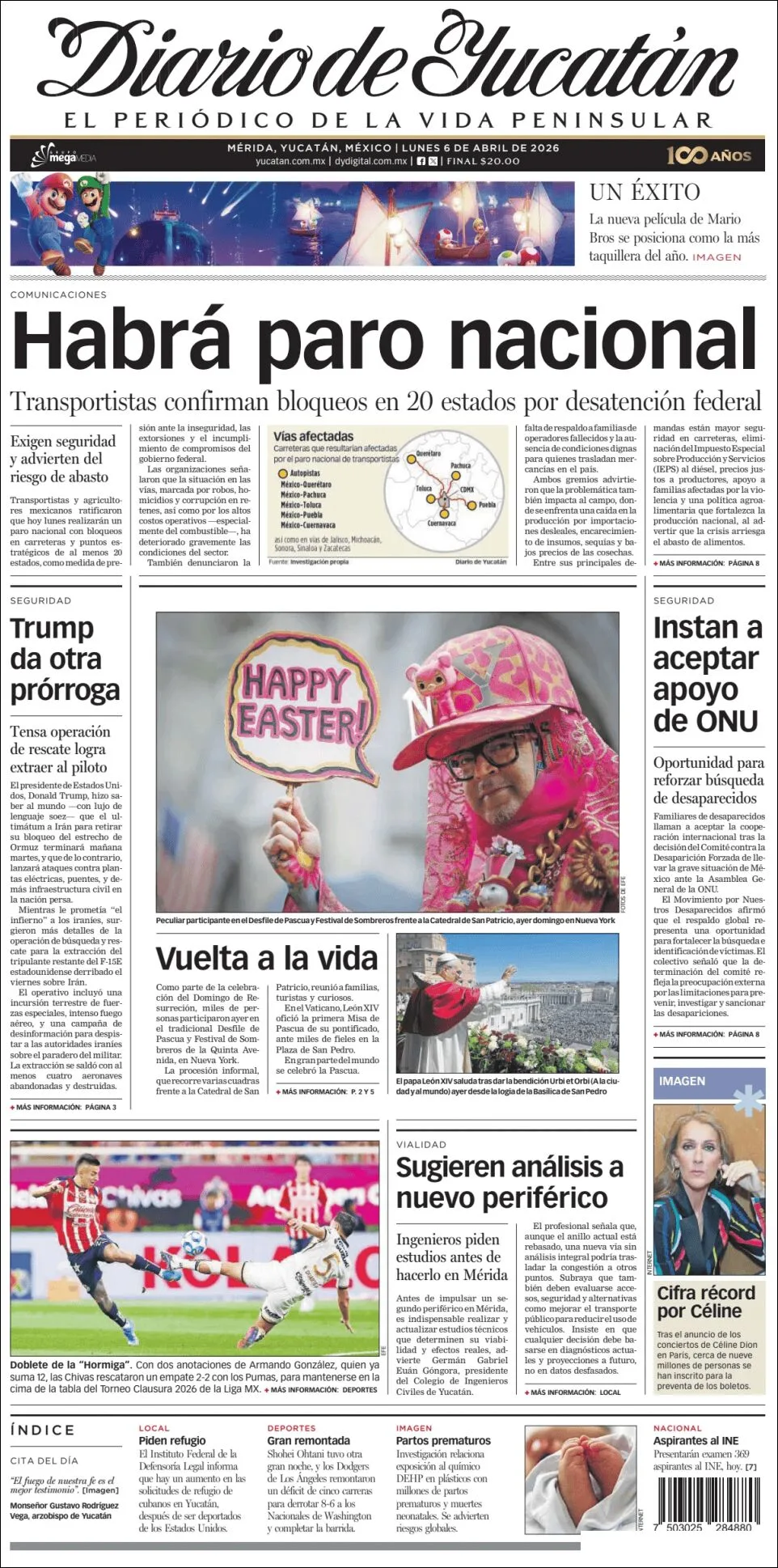 Portada de Diario de Yucatán del lunes, 6 de abril de 2026