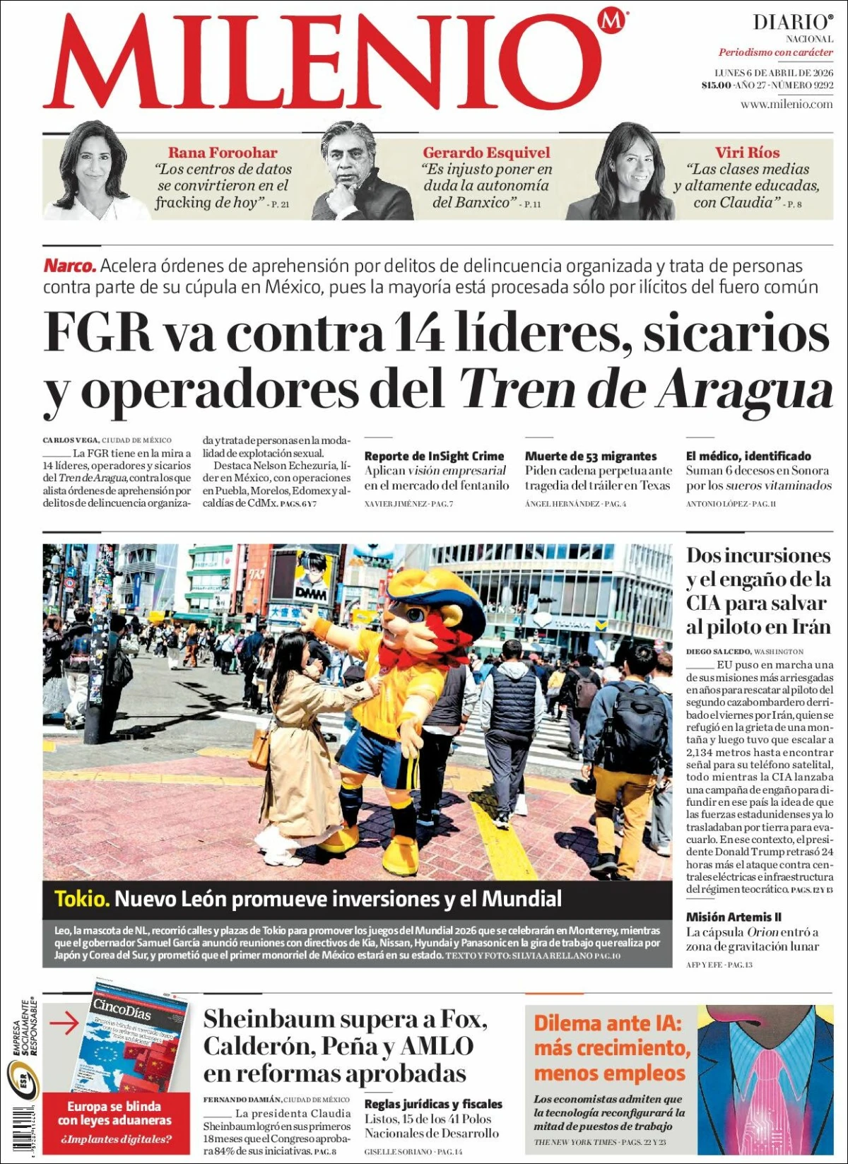 Portada de Milenio del lunes, 6 de abril de 2026