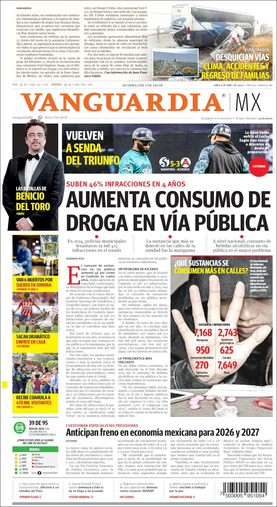 Portada de Vanguardia del lunes, 6 de abril de 2026