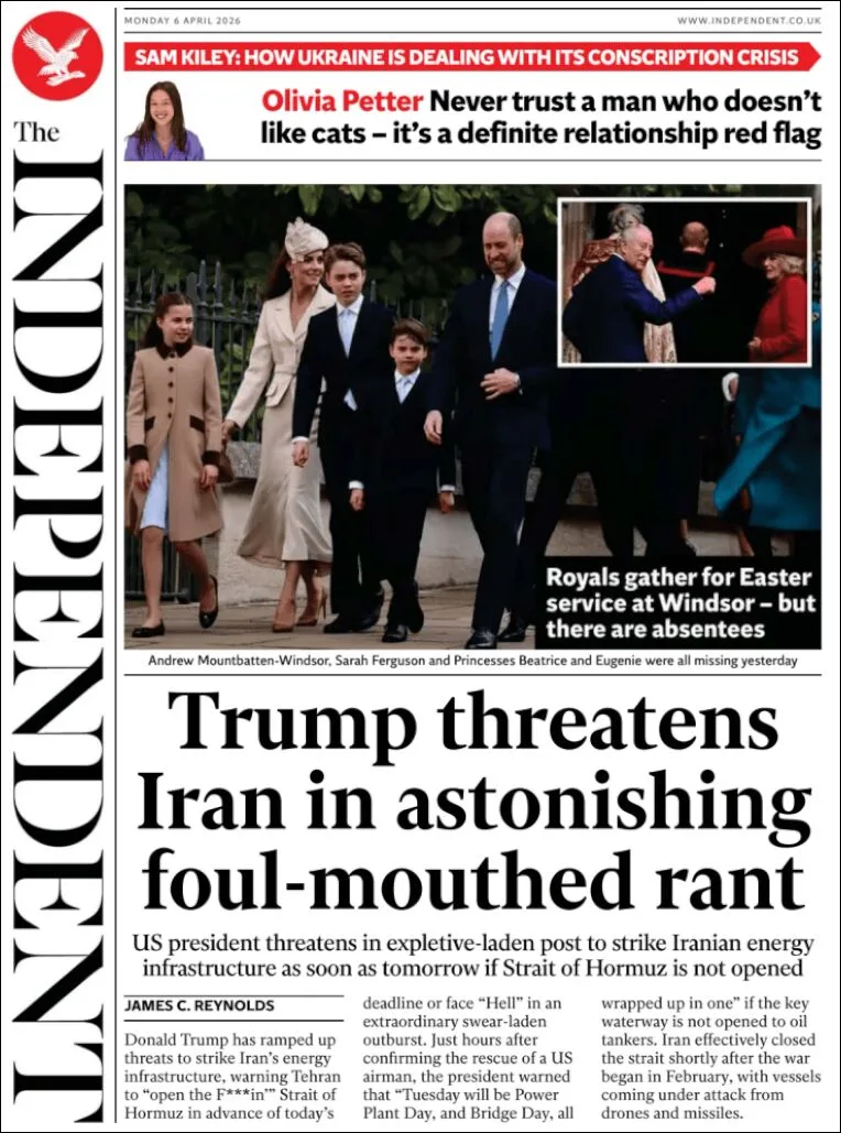 Portada de The Independent del lunes, 6 de abril de 2026