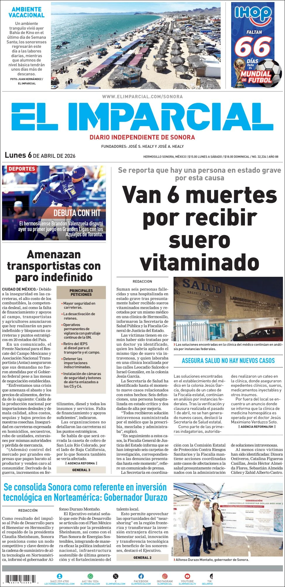 Portada de El Imparcial del lunes, 6 de abril de 2026