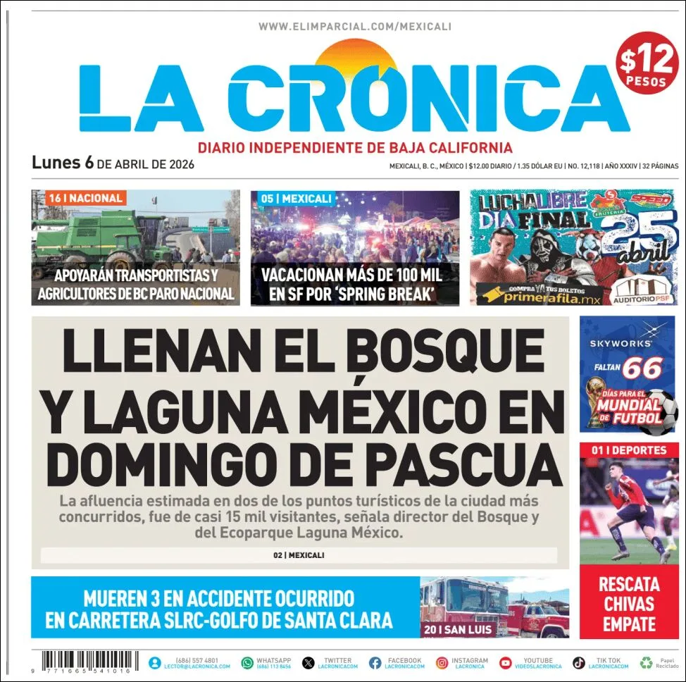 Portada de La Cronica del lunes, 6 de abril de 2026