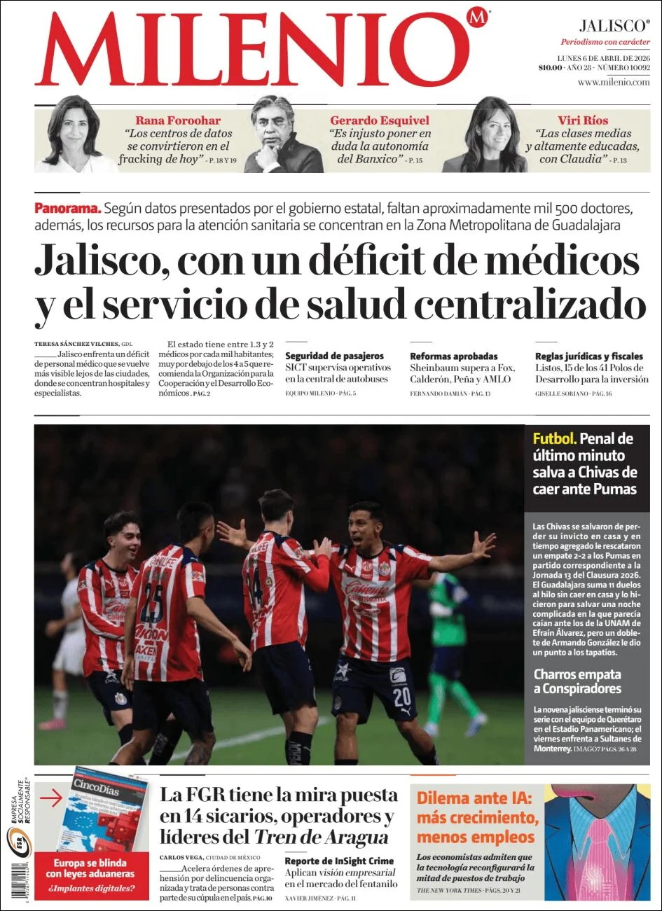 Portada de Milenio Jalisco del lunes, 6 de abril de 2026