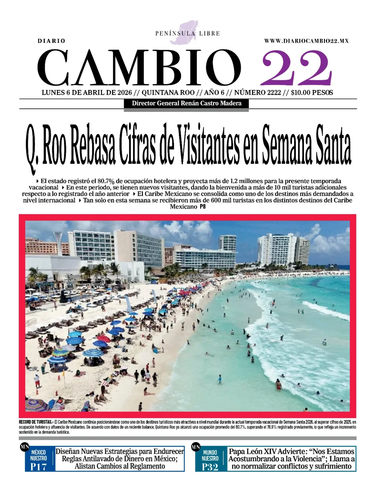 Portada de Diario Cambio 22 (contraportada) del lunes, 6 de abril de 2026