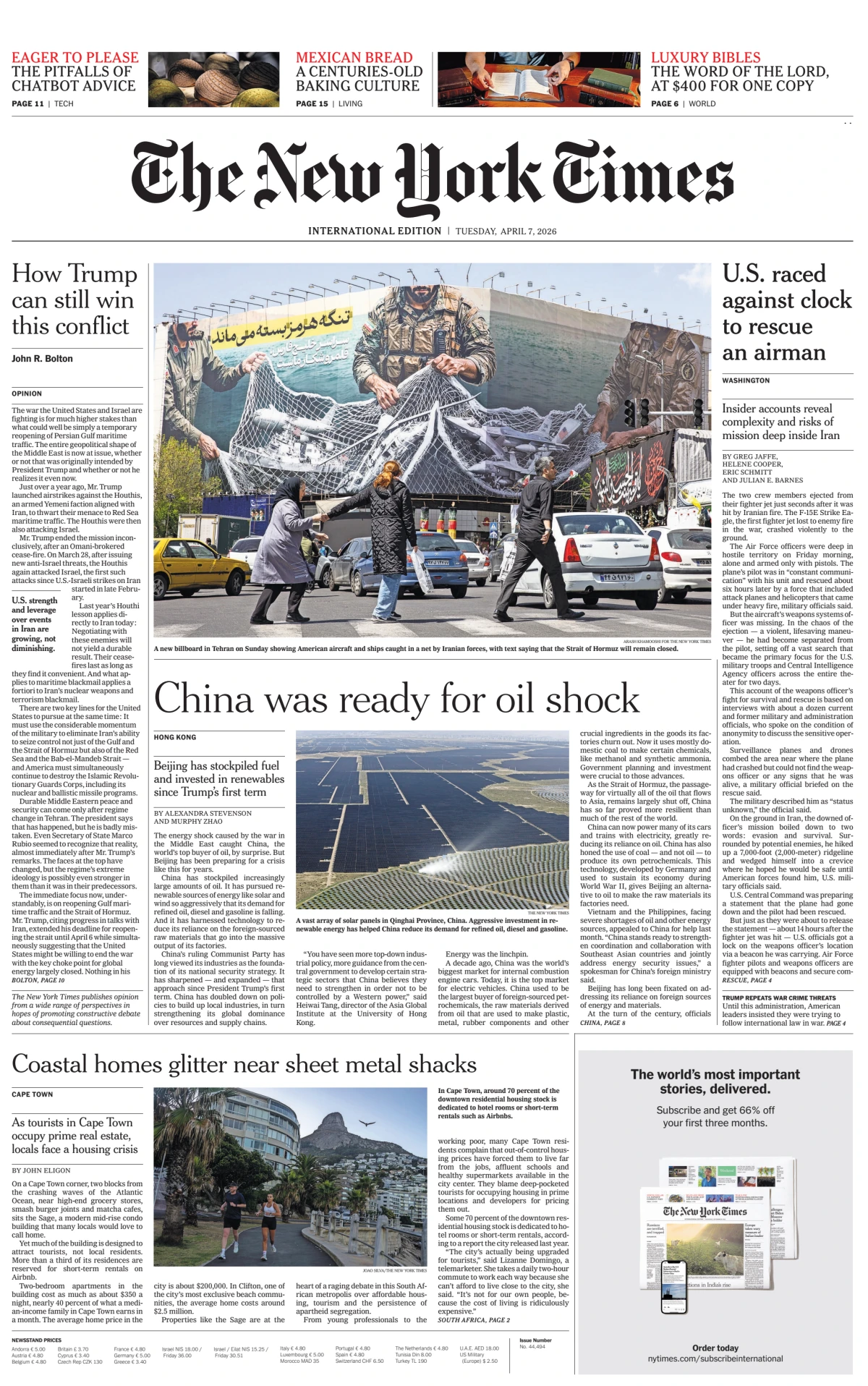 Portada de The New York Times (international) del martes, 7 de abril de 2026