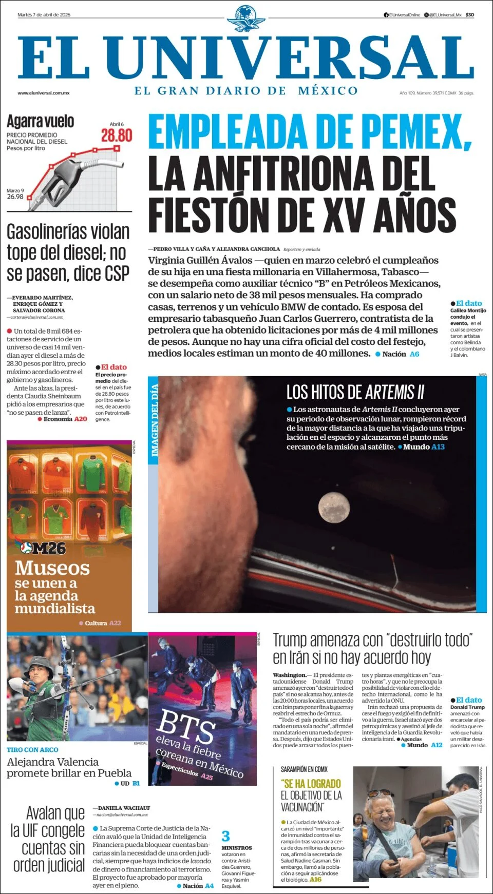 Portada de El Universal del martes, 7 de abril de 2026