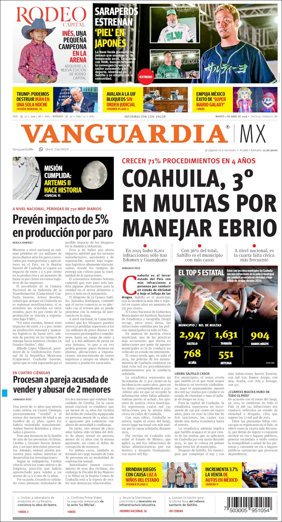 Portada de Vanguardia del martes, 7 de abril de 2026