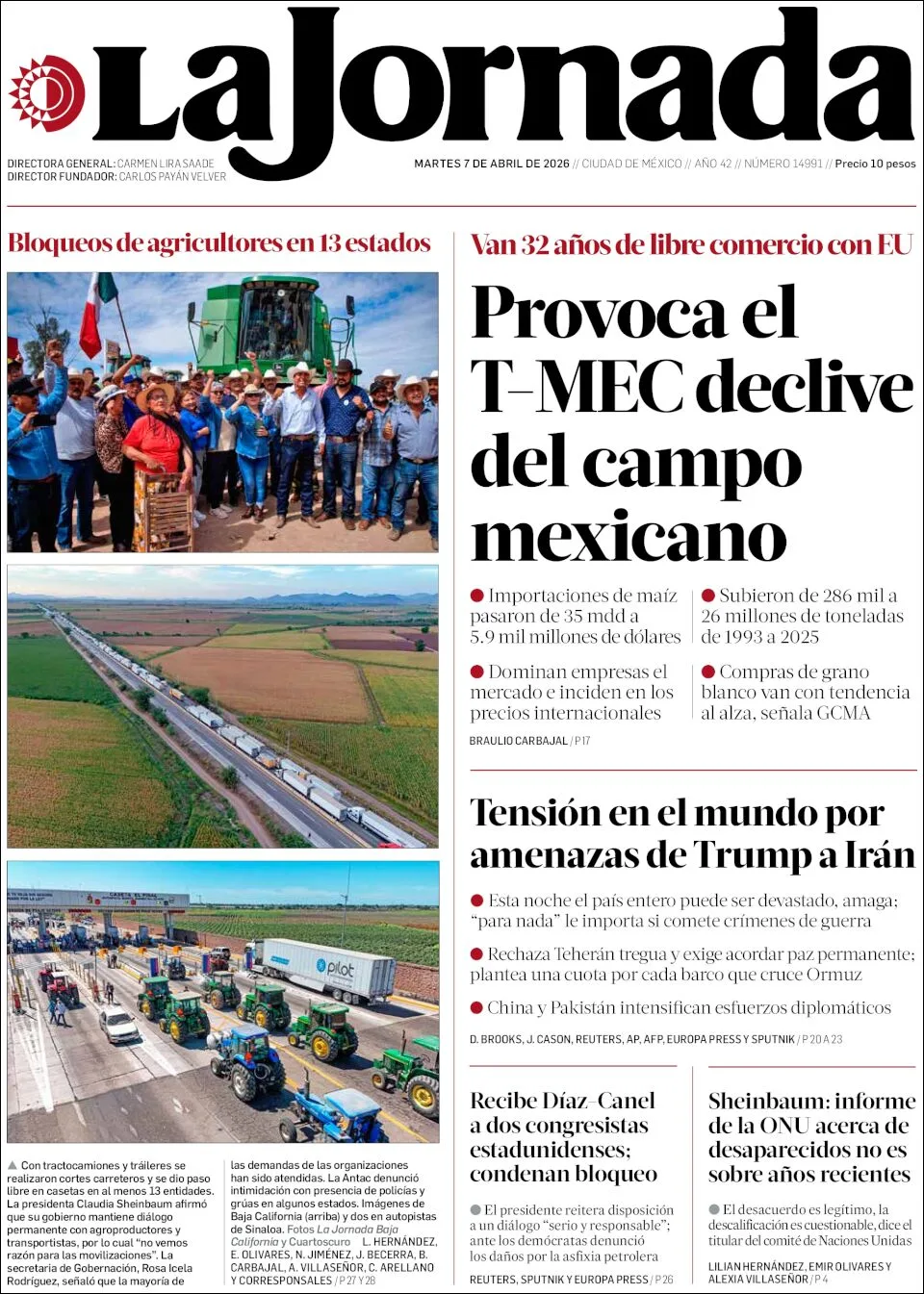 Portada de La Jornada del martes, 7 de abril de 2026