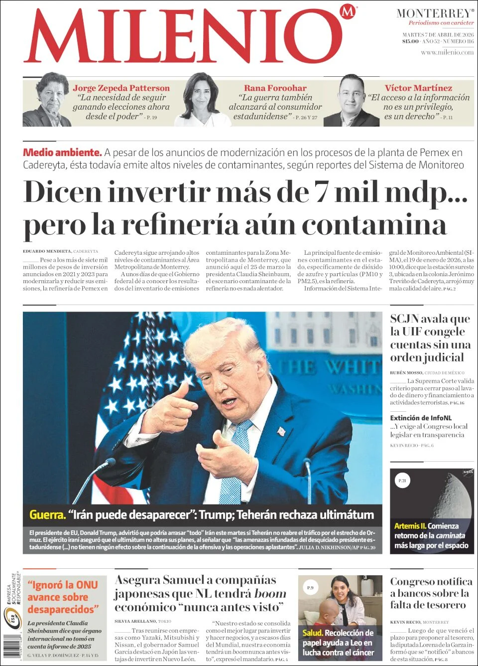 Portada de Milenio del martes, 7 de abril de 2026