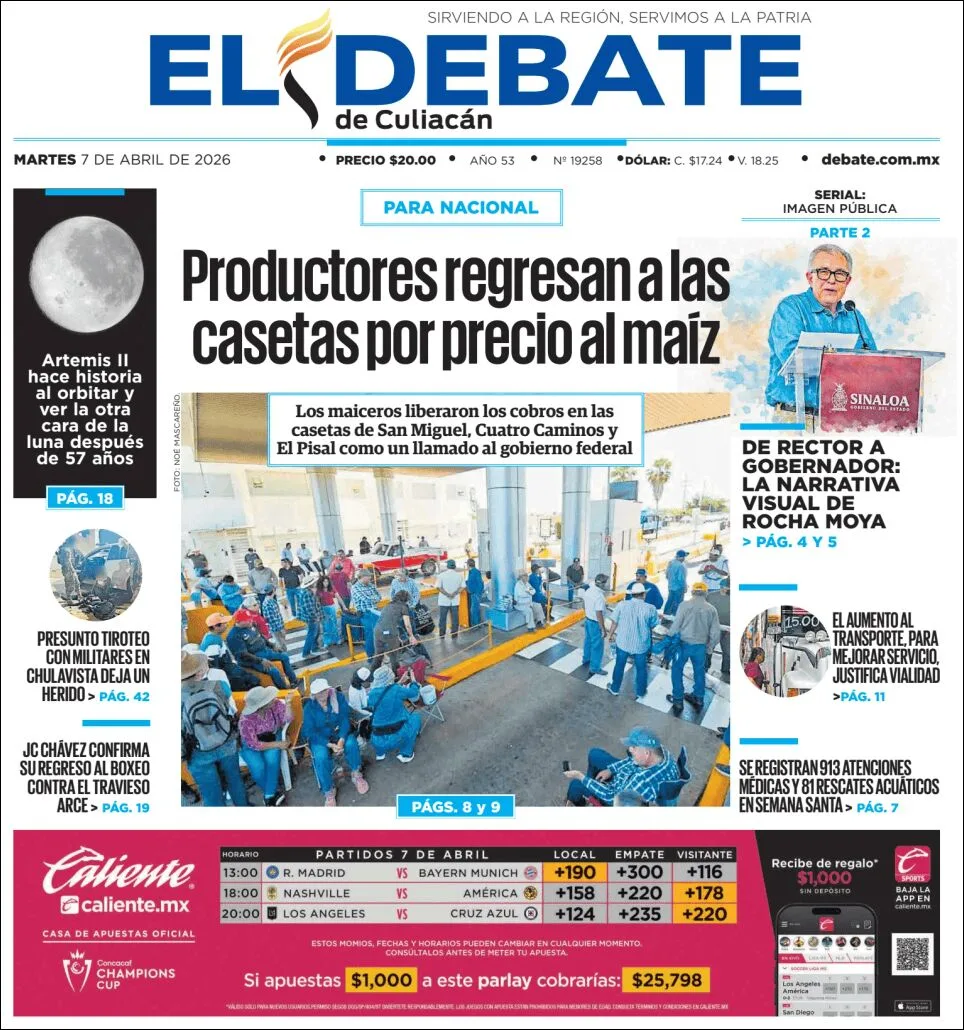 Portada de El Debate de Culiacan del martes, 7 de abril de 2026
