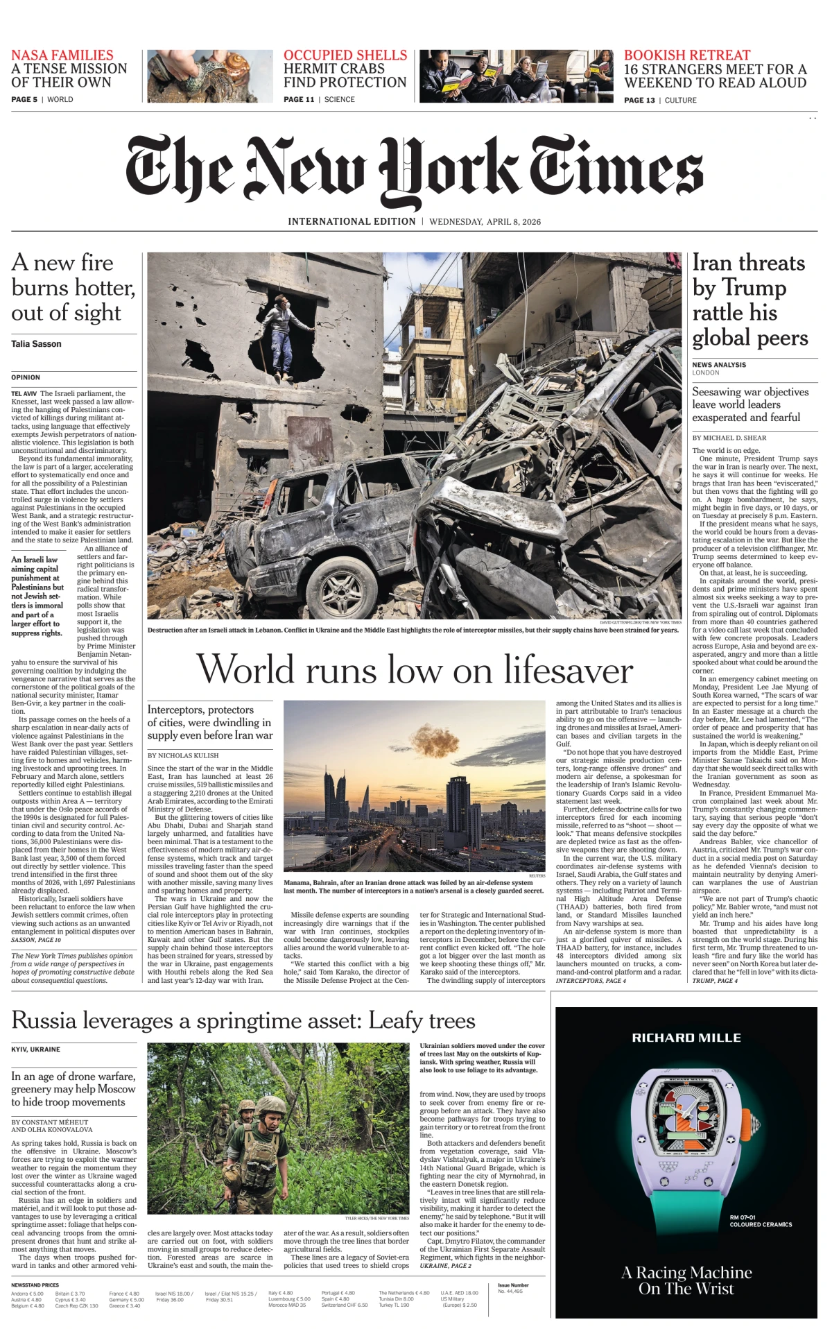 Portada de The New York Times (international) del miércoles, 8 de abril de 2026