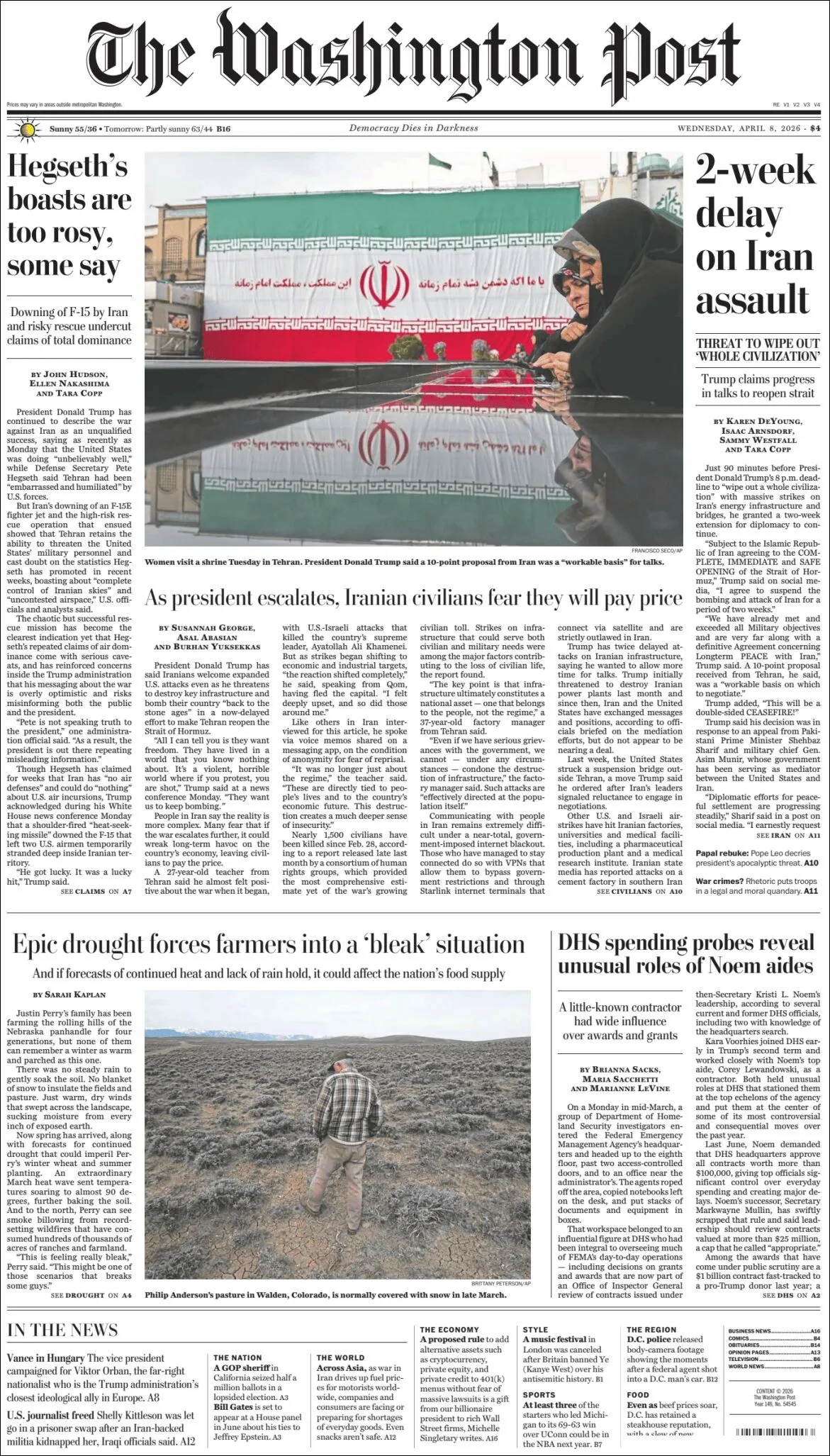 Portada de The Washington Post del miércoles, 8 de abril de 2026