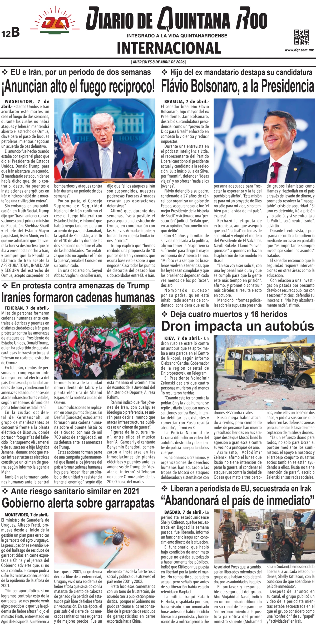 Portada de Diario de Quintana Roo (contra Portada) del miércoles, 8 de abril de 2026