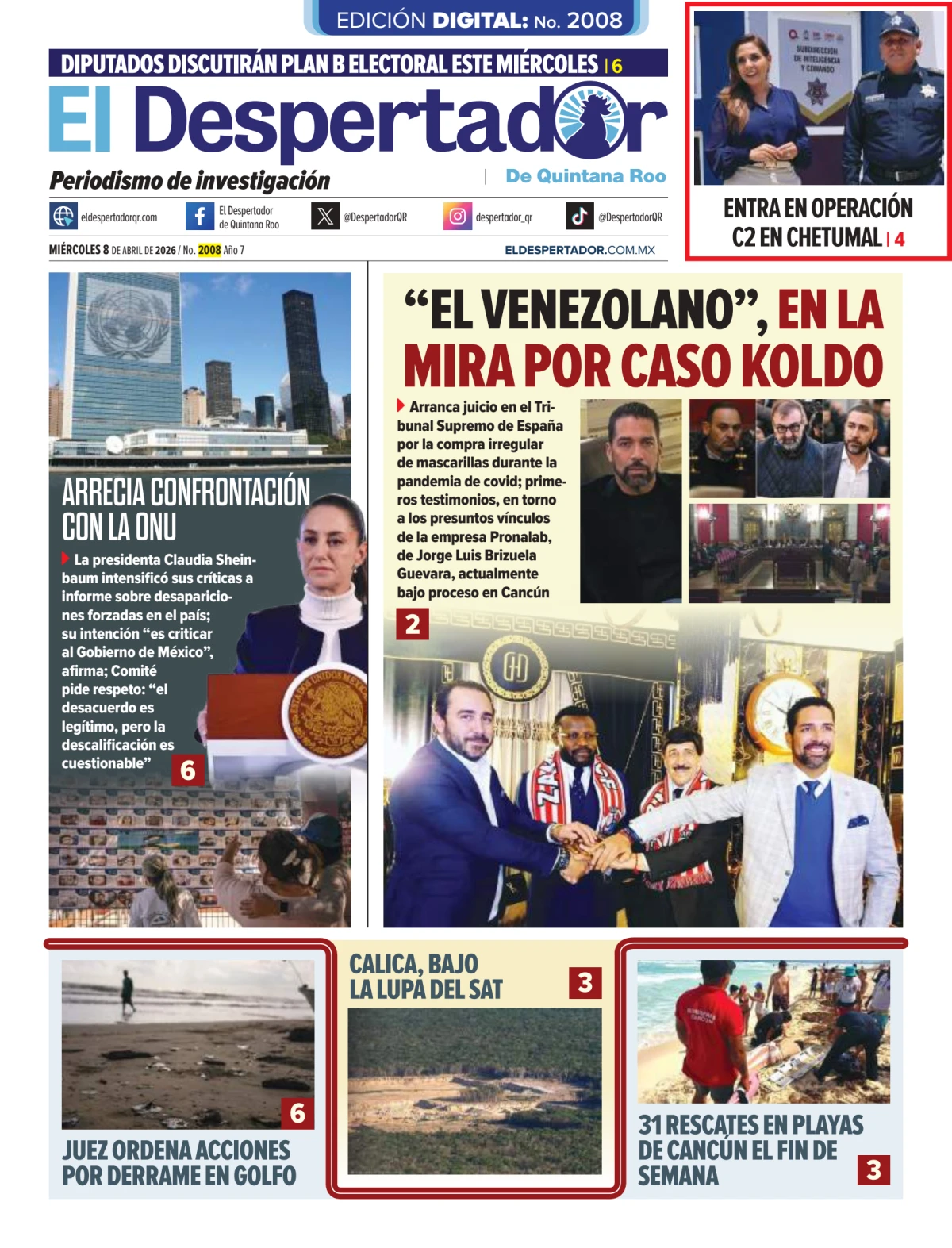 Portada de El Despertador de Quintana Roo del miércoles, 8 de abril de 2026