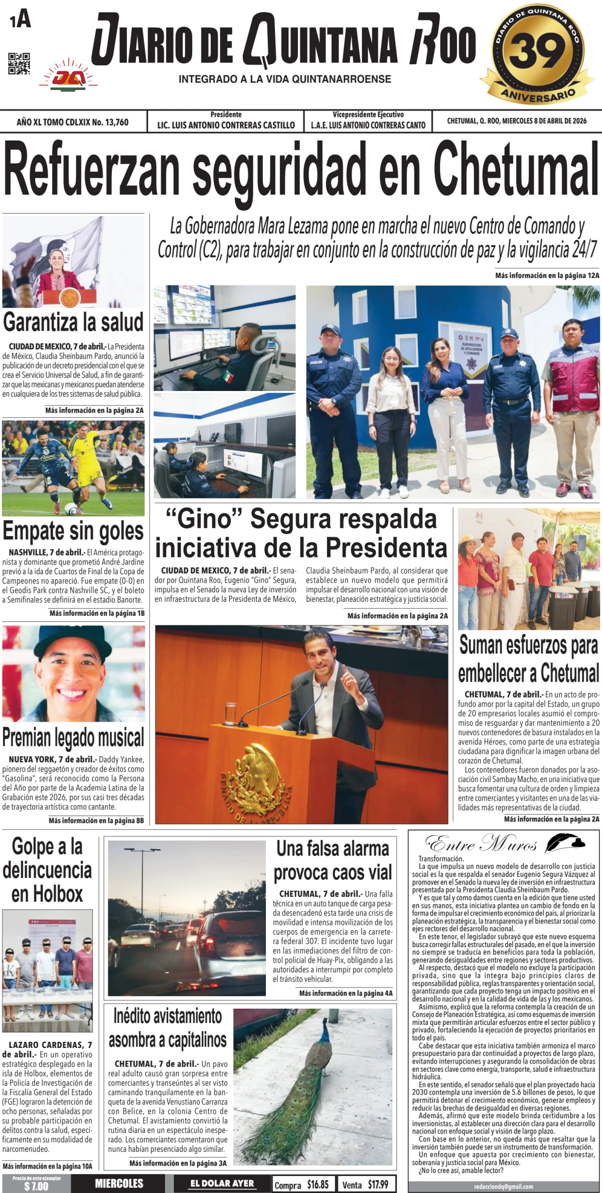 Portada de Diario de Quintana Roo (portada) del miércoles, 8 de abril de 2026