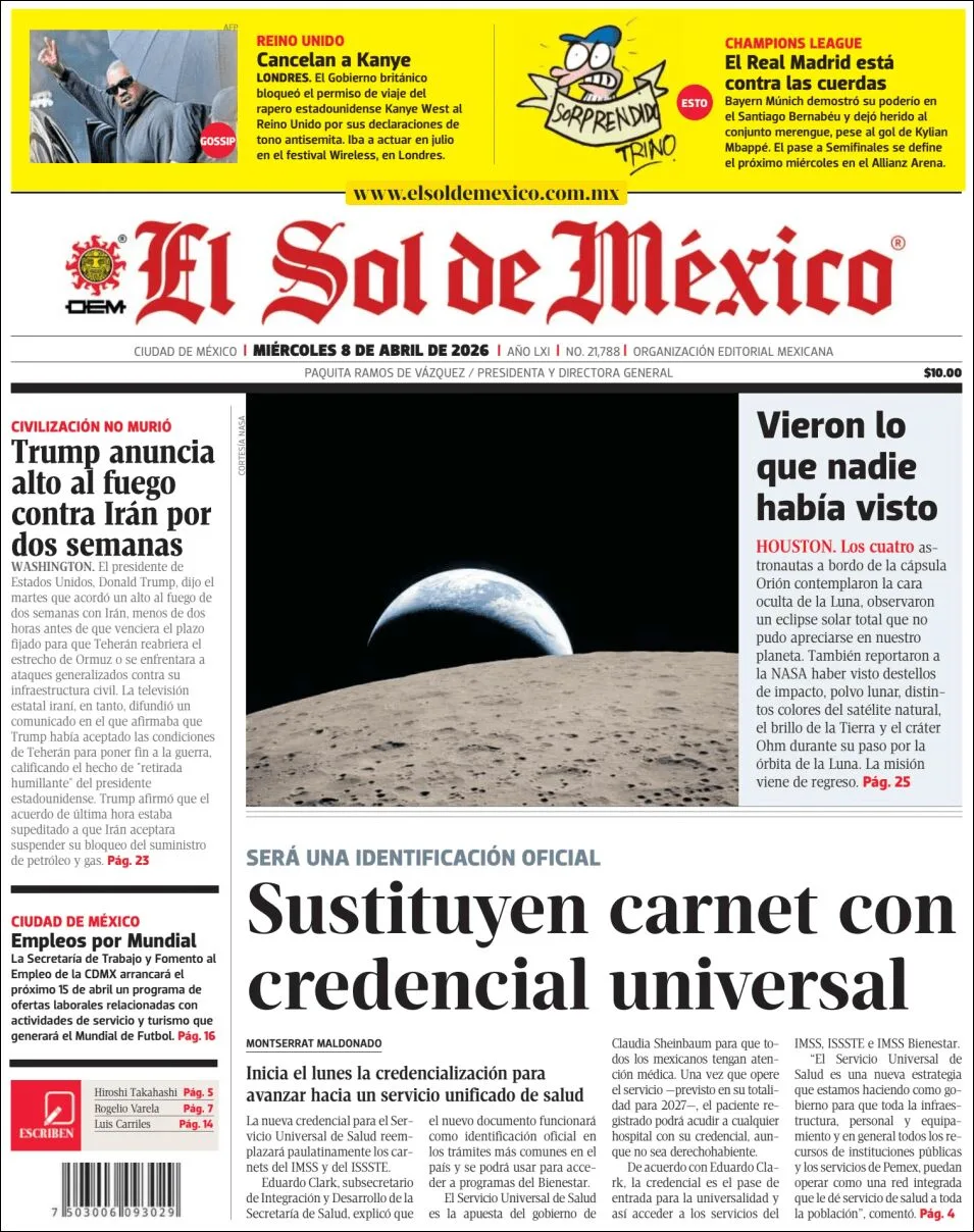 Portada de El Sol de Mexico del miércoles, 8 de abril de 2026