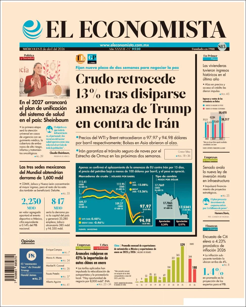 Portada de El Economista del miércoles, 8 de abril de 2026