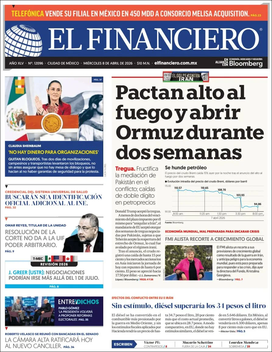 Portada de El Financiero del miércoles, 8 de abril de 2026